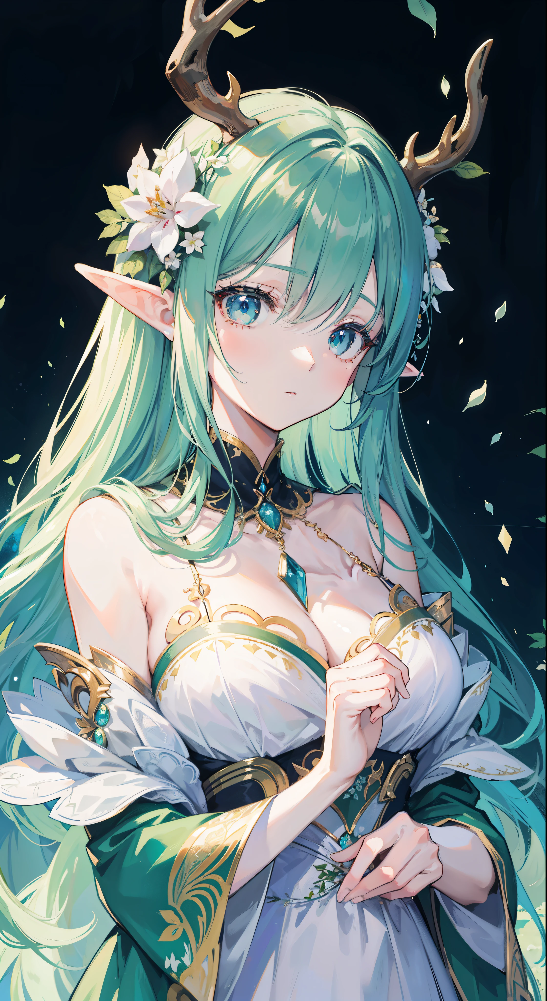 high quality，masterpiece，Exquisite facial features，fine hair，exquisite eyes，fine hair，anime manga girl，antlers，black hair，Floral fragrance, Fantastic style, fantastic garden，Fantasy style clothing,romantic dress,  Beautiful and elegant elf queen, beautiful fantasy queen, fantasy art style, ((beautiful fantasy queen)), Anime Fantasy Illustration, high priest, Fairy Queen of the Summer Forest, anime art nouveau, Jungle goddess, Portrait of the Elf Queen, A beautiful artistic illustration，8k high quality细节艺术（Exquisite facial sculpting）（Fine hair depiction）（best quality）（Masterpiece）（High degree of completion）（a sense of atmosphere）8k wallpaper，masterpiece，best quality，Super detailed