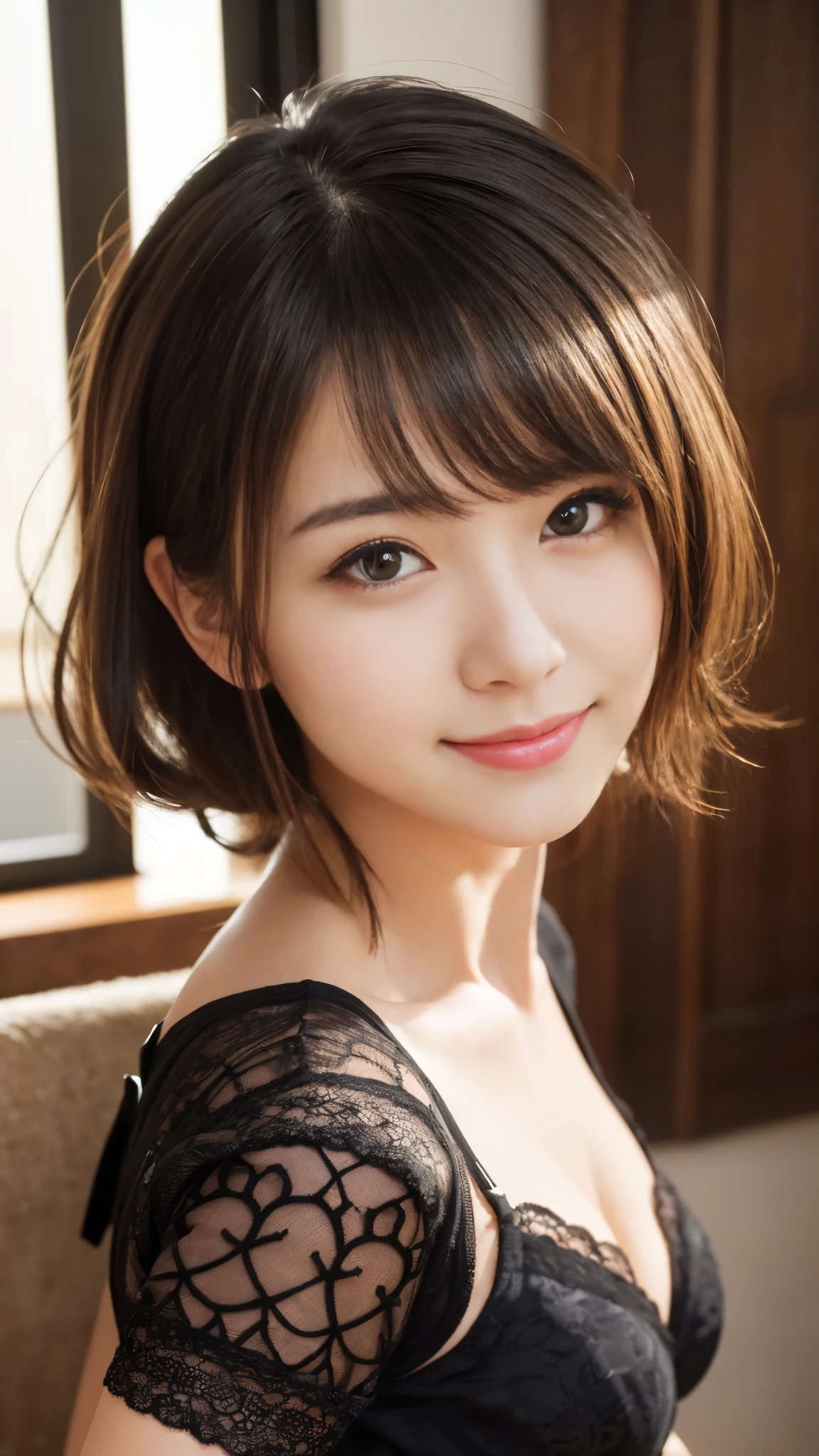 (A very cute 20 year old young woman from Japan),  ((delicate hair between brown and blonde)), ((messy side wave short hair)),(((Slender and slender body type)))，medium bust size､small ､ (((clean hands)))，(curly hair)，(((very kind smile))), (((she wears black lace pantiesshe is wearing a black knitted dress))) ((top quality, 16k, table top: 1.3)), light shines on your face, highly detailed face, highly detailed lips, fine eyes,