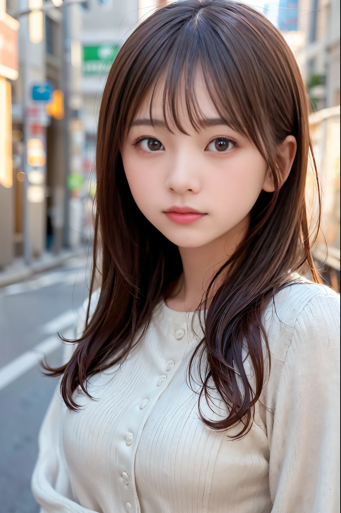 ((masterpiece,best quality 1.4)), (8k,RAW photo:1.2), (realistic,photo realistic:1.4), ultra high resolution , (Highly detailed 8k wallpaper) ,japanese idol, Japanese actress, Japanese, very cute, Big eyes, highly detailed eyes and face, Beautiful eyes in every detail,shiny skin,portrait,(medium hair and straight hair :1.3), professional lighting, sharp focus, Depth of written boundary , blur background, Bokeh,(white sweater) Early morning in a bustling city, golden sunlight reflecting off skyscrapers, empty streets slowly coming to life