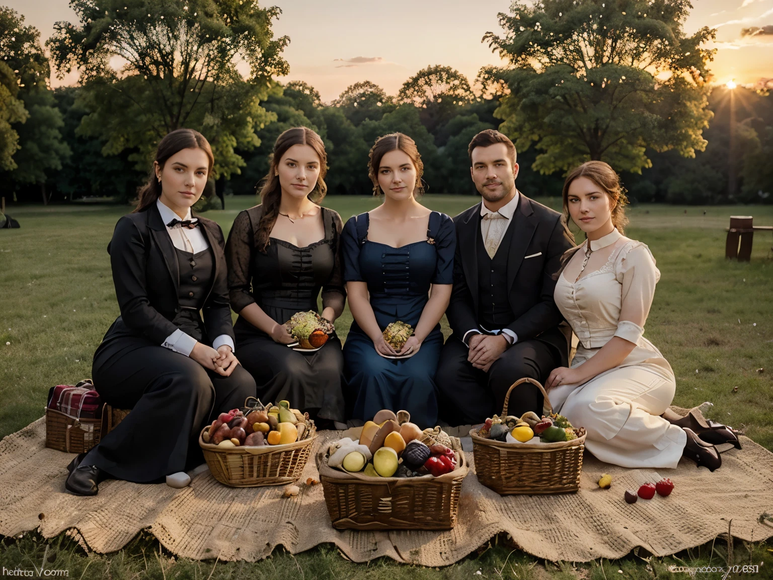 Outdoor group photo of 5 person: 3 beautiful woman, 1 chubby woman, 1 slim muscular man, wearing full victorian attire, picnic on prairie, sitting on carpet, fruit and food basket, complete tea set, afternoon, golden hour
