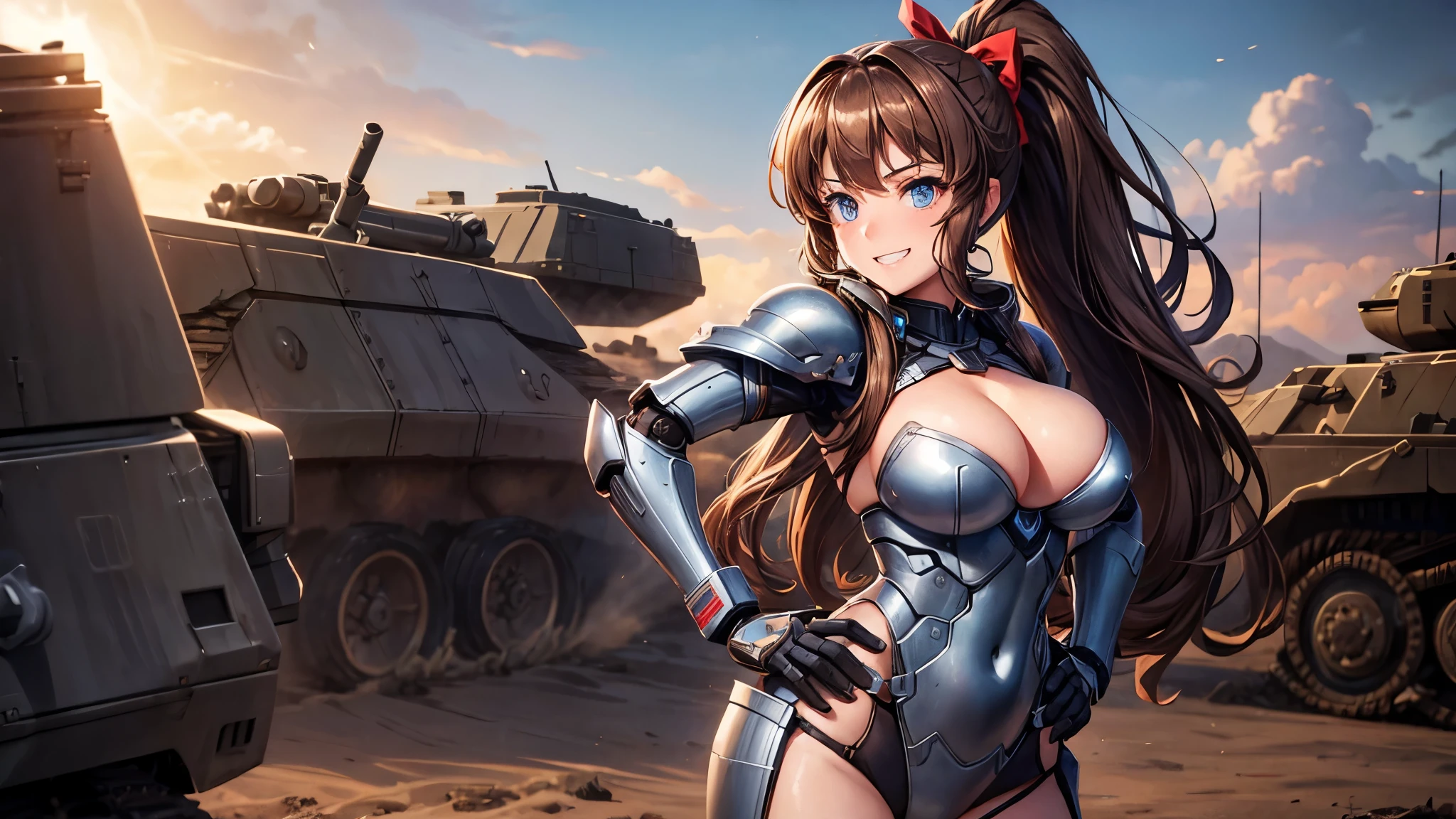 1girl, solo, brown hair, long hair, curly hair, ponytail, large breasts, bikini armor, metal suit, robotic, blue eyes, cleavage 1:3, war, guns, tanks, fire, explosion, aircraft, grin, looking at the viewer, hand on hip, standng, hair ribbon