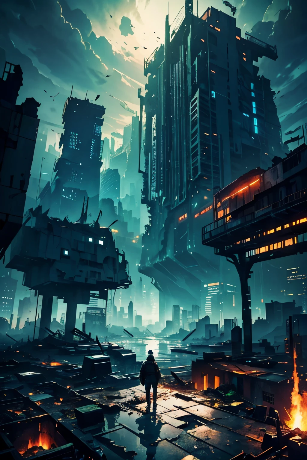 a crumbling world landscape, featuring digital glitches, broken features, backdrop of fallen cityscape, crumbling, ruined world), (high resolution, vivid colors, 1.5) (centered view)