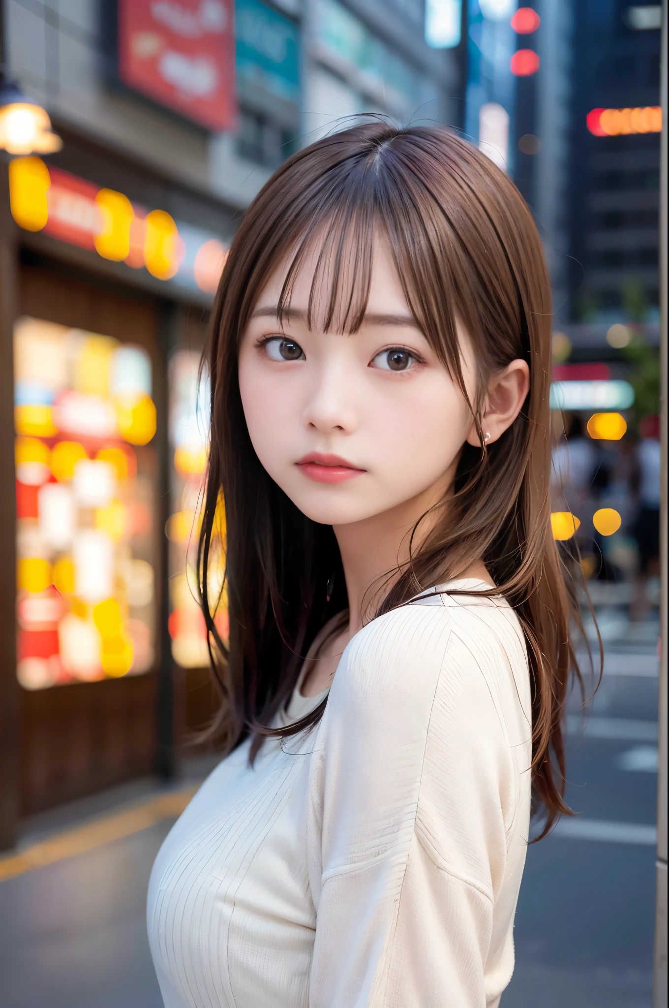 ((masterpiece,best quality 1.4)), (8k,RAW photo:1.2), (realistic,photo realistic:1.4), ultra high resolution , (Highly detailed 8k wallpaper) ,japanese idol, Japanese actress, Japanese, very cute, Big eyes, highly detailed eyes and face, Beautiful eyes in every detail,shiny skin,portrait,(medium hair and straight hair :1.3), professional lighting, sharp focus, Depth of written boundary , blur background, Bokeh,(white sweater) Early morning in a bustling city, golden sunlight reflecting off skyscrapers, empty streets slowly coming to life