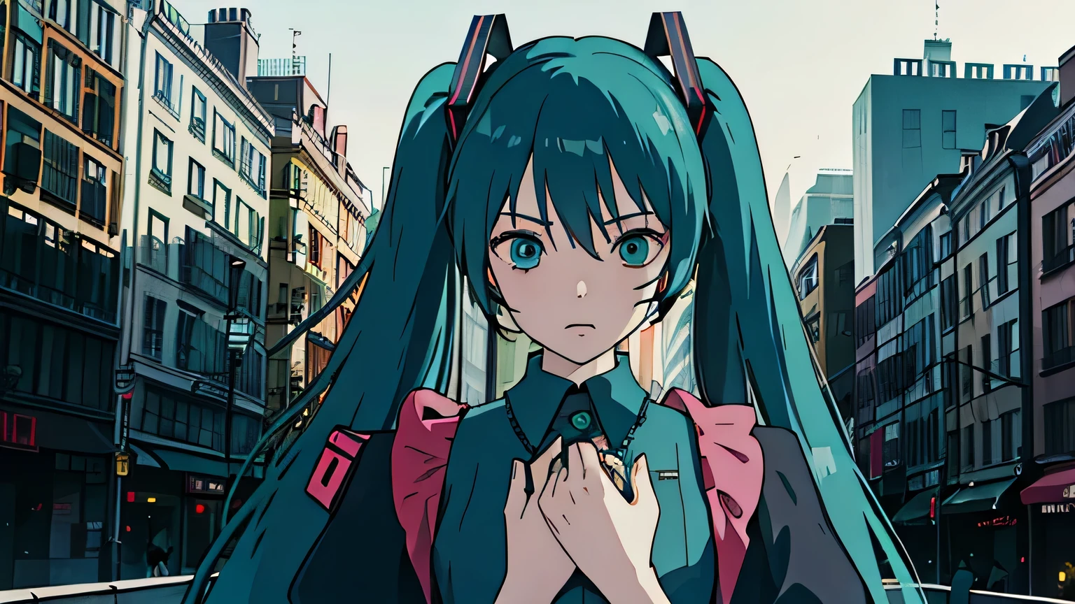 Suspicious Hatsune Miku wearing black folk costume red and green world gothic architecture cyber punk The background is a battlefield