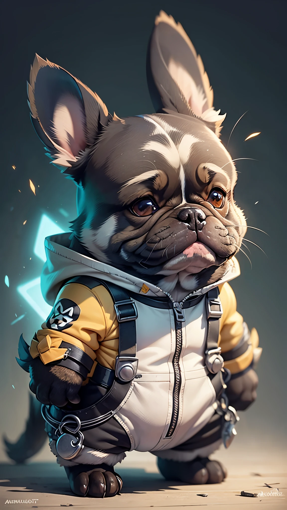 C4tt4stic,Cartoon french bulldog dog wearing iron bodysuit（Appearance characteristics of the French bulldog、body hair is black