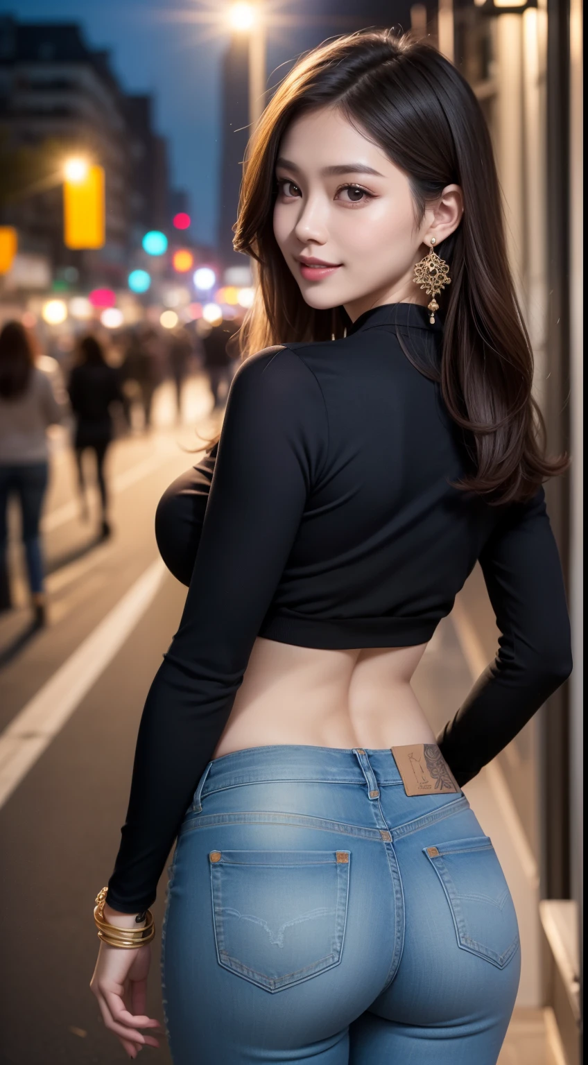 8k, masterpiece, RAW photo, highest quality, detailed:1.2),realistic, Extremely detaileded CG unifies 8k, 8k, diamond, and wallpaper, Depth of the bounds written, cinematic light, Lens flare, ray tracing,
(very beautiful face, beautiful lips, beautiful eyes), intricate detailed face, ((ultra detaileded skin)) 1 girl, in the dark, deep shadow,
cute korean girl, K-POP idol,(very slim and slender muscular body:1.3), ((view viewer)),(big smile), (fitted jeans),(denim pants), (injection sleeve) , (City night,, (night), cute korean girl, earrings, bangle, necklace, pantyhose, clear eyes, walk , (white skin), look forward, (Big eyes), ((upper body shot)), turn back, buckshot, very slim, slander,buttocks pointing upwards,(hand pinching butt),hand pinching butt,