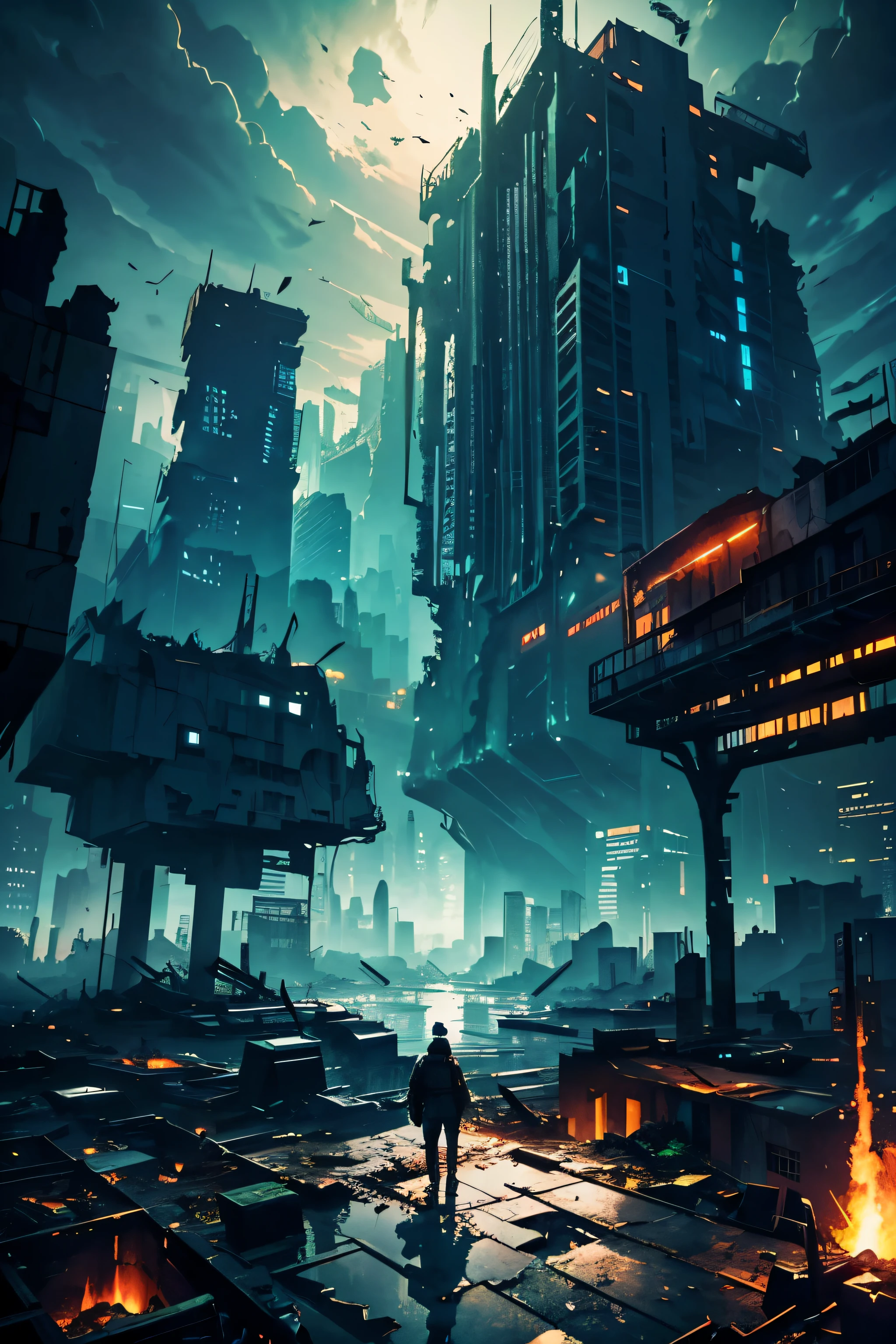a crumbling world landscape, featuring digital glitches, broken features, backdrop of fallen cityscape, crumbling, ruined world), (high resolution, vivid colors, 1.5) (centered view)