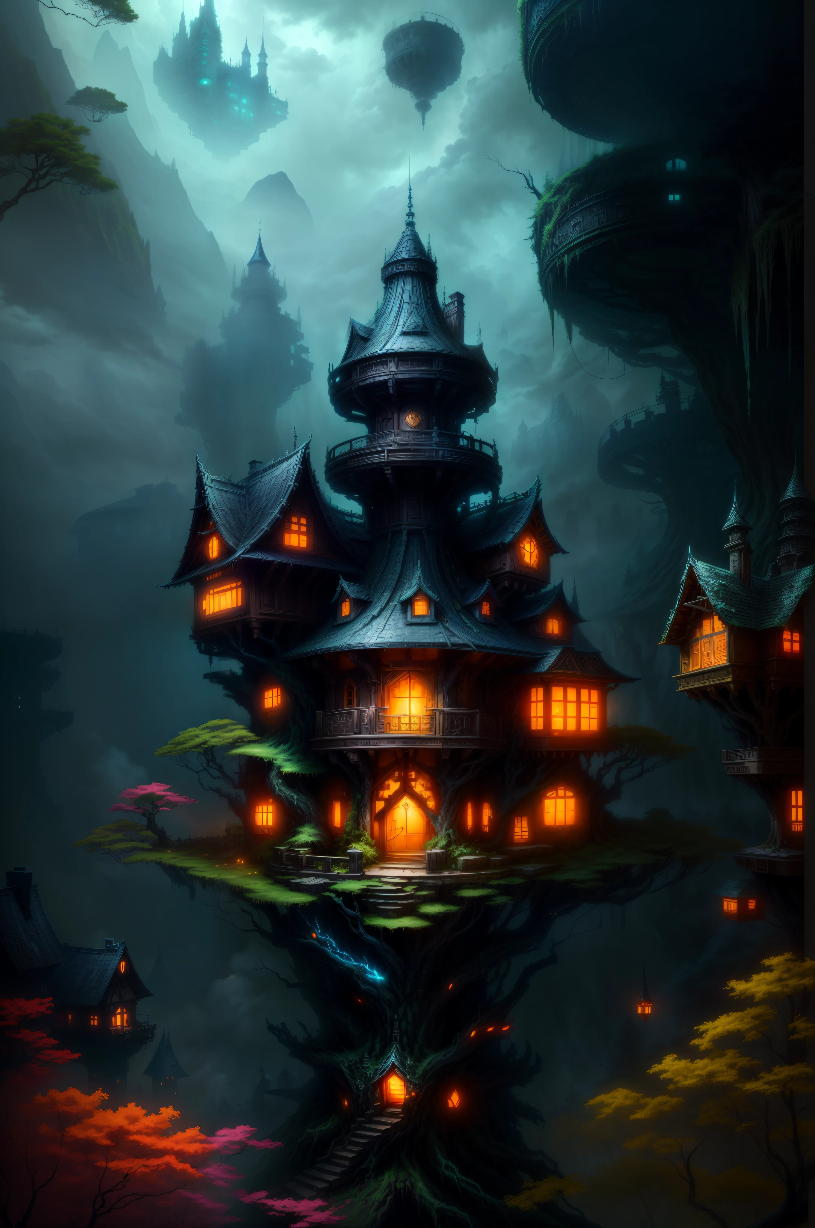 a house in the middle of a Forest with a lot of dark tree, fantasy house, Anime fantasy style, fantasy architecture, the style of Anime, fantasy home, tree house, magical environment, stylized urban fantasy artwork, detailed digital 2d fantasy art, floating palace, dark city, digital 2d fantasy art, adventurer, fantasy bird and cloud, Dark village, ruins,
