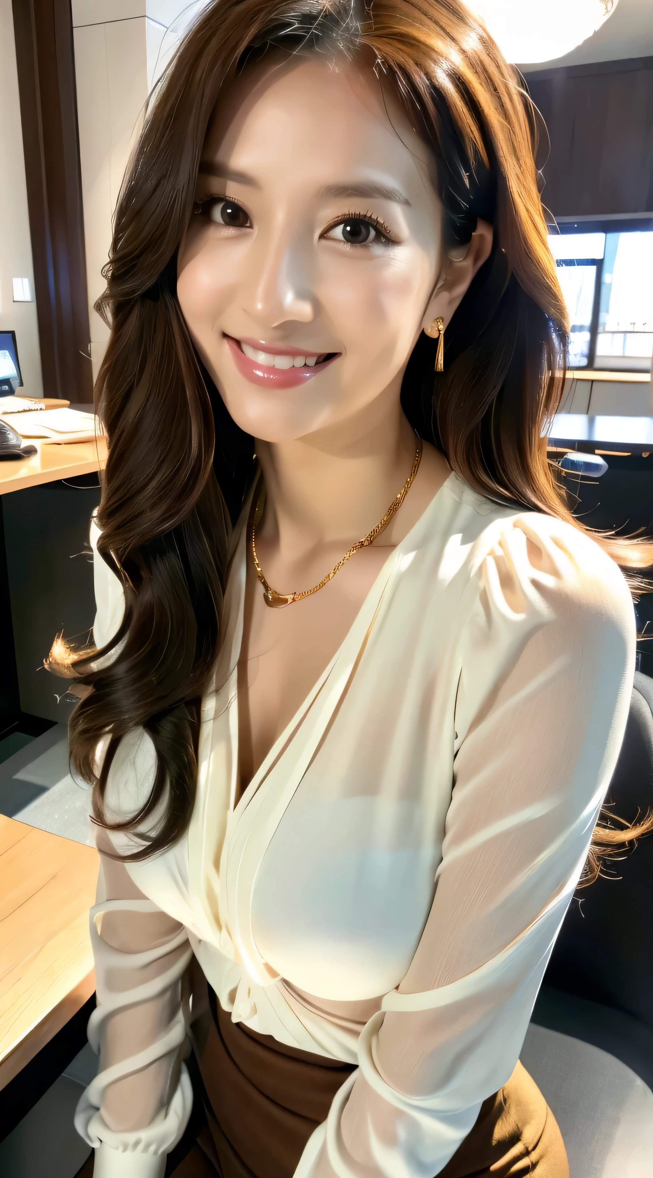 ulzzang -6500-v1.1, (Raw photo:1.2), (Photorealsitic), Beautiful detailed, (Real: 1.4), ighly detailedな目と顔, beatiful detailed eyes, Standing in the office、(Ultra-realistic pantyhose、high-heels)、Standing cross-legged、huge filesize, hight resolution, ighly detailed, top-quality, [​masterpiece:1.6], illustratio, ighly detailed, nffsw, finely detail, top-quality, 8k wallpaper, Cinematographic lighting, 1 milf, 43 yeas old, perfect body type, Cute sagging eyes,Beautiful big eyes、Pieckfinger, ((masutepiece)), Best Quality, 1 milf, eye shadow, Portrait, ((FULL BODYSHOT:1.4))、(Very affectionate smile:1.2)、((Brown-colored super long hair:1.2))((Loose and wavy hair:1.3))((White ruffled blouse＿White miniskirt:1.2))((Gold Necklace＿large earring:1.3))
