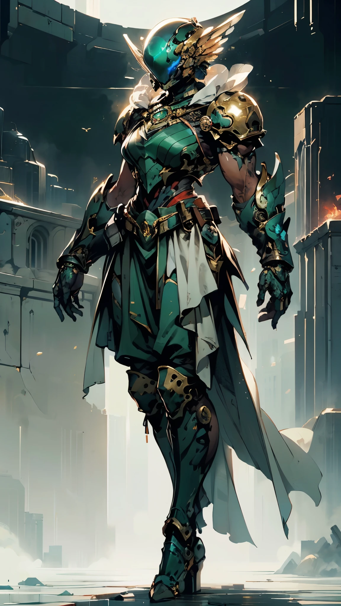 A woman adorned in fantasy-style full-body armor, a crown-concept fully enclosed helmet that unveils only her eyes, a composite layered chest plate, fully encompassing shoulder and hand guards, a lightweight waist armor, form-fitting shin guards, the overall design is heavy-duty yet flexible, (the armor gleams with a golden glow, complemented by red and blue accents), exhibiting a noble aura, she floats above a fantasy-surreal high-tech city, this character embodies a finely crafted fantasy-surreal style armored hero in anime style, exquisite and mature manga art style, (mixture of Queen bee and Spider concept Armor, plasma), ((Element, elegant, goddess, femminine:1.5)), metallic, high definition, best quality, highres, ultra-detailed, ultra-fine painting, extremely delicate, professional, anatomically correct, symmetrical face, extremely detailed eyes and face, high quality eyes, creativity, RAW photo, UHD, 32k, Natural light, cinematic lighting, masterpiece-anatomy-perfect, masterpiece:1.5