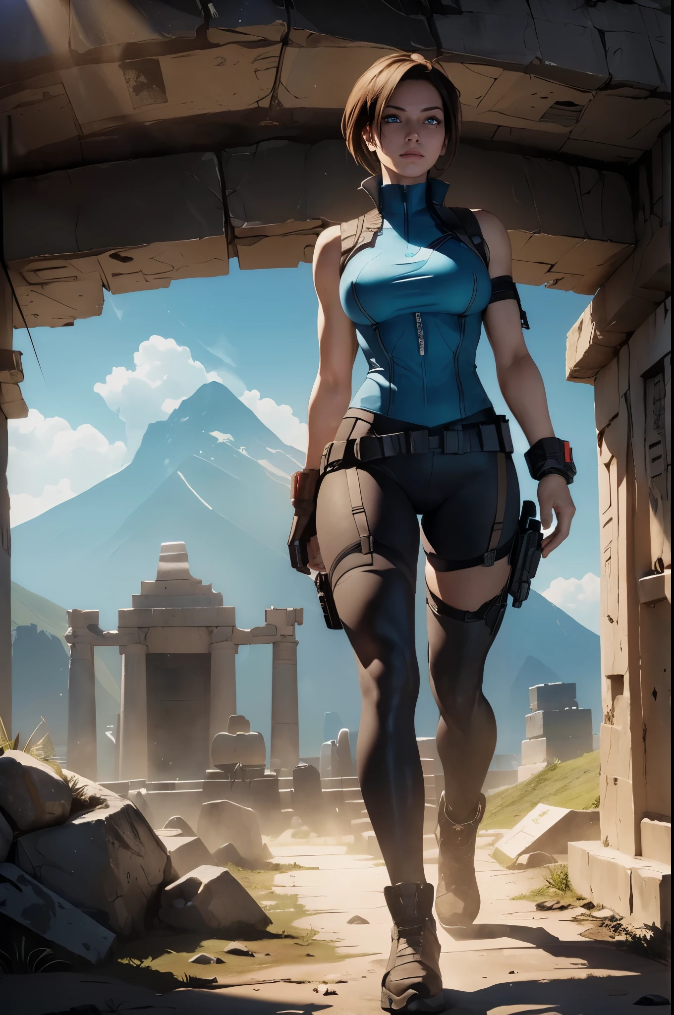 (((Ultra wide angle landscape of the ancient tomb))), a beautiful female adventurer stood in the distance, ((wearing a jill valentine outfit))