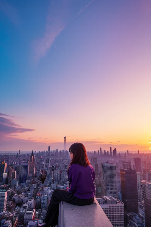 a woman sitting on top of a building with a city in the background, a picture, by Ren Renfa, tumblr, avatar image, japan tokyo skytree, at purple sunset, gif