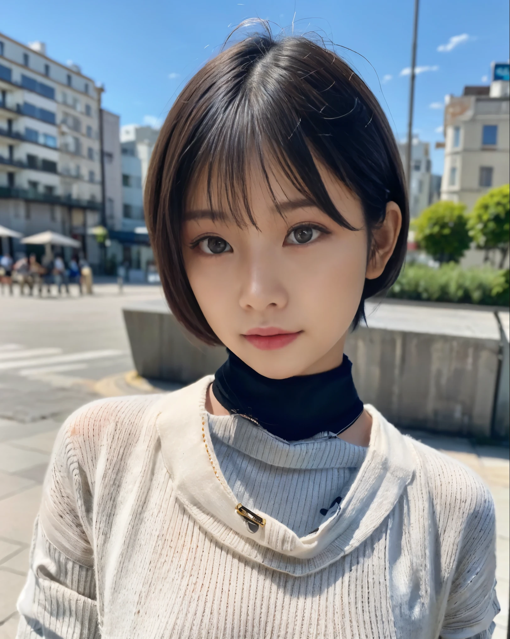 pureerosface_v1, best quality, photorealistic, 8k, high res, full color, 1girl, woman, 20 years old woman, (skindentation), (portrait:0.6), ((cityscapebackground:1.62)), full color, ((smallsize round breast, highneck sweater:1.65)), closed mouth, straight-looking at viewer:1.8, (1girl eyes looking at viewer:1.55), (short-length hair, blackhair, partedbangs:1.45), (bokeh),