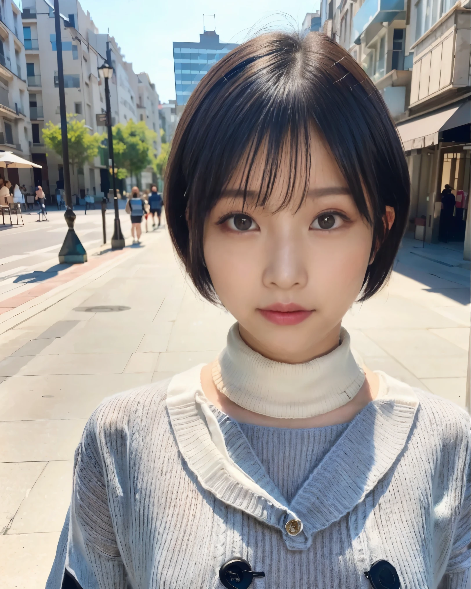(High resolution:1.3), (16k, Photorealistic, Raw photo, Best image quality: 1.4), Japanese, (One Girl), Beautiful Face, (A vivid face), (Black-haired、short hair:1.3), Beautiful Hairstyles, Realistic eyes, Beautifully detailed eyes, (Realistic Skin), Beautiful skins, attractive, 超A high resolution, Surreal, High detail, Golden Ratio, Highly detailed cute girl,(20-year-old), Tokyo、Omotesando、Daytime、(Many passers-by:2.0)
