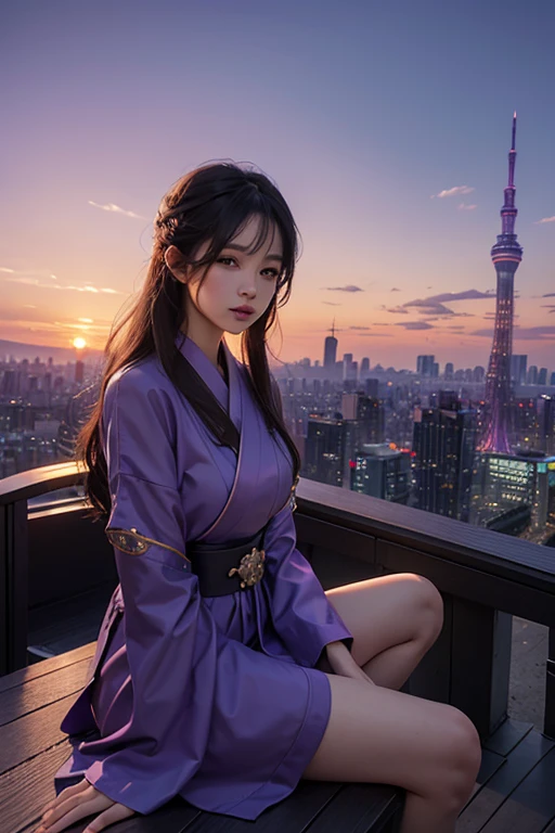 a woman sitting on top of a building with a city in the background, a picture, by Ren Renfa, tumblr, avatar image, japan tokyo skytree, at purple sunset, gif
