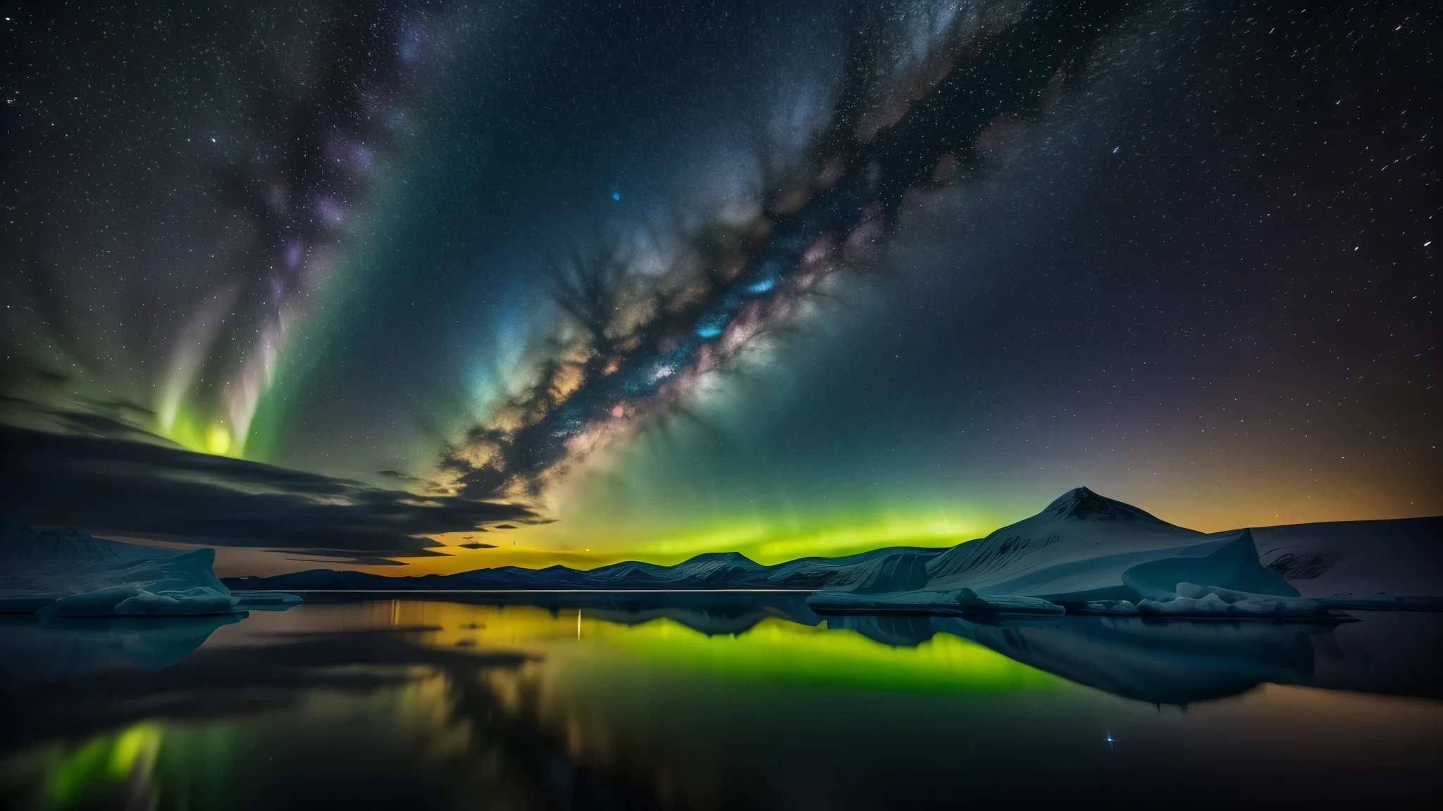 draw a starry sky on canvas,The arctic landscape is depicted below,You can participate in the reflection of the moon and stars。A bright moon is drawn on one side..,The emerald aurora shines beautifully,Create light and shadow effects,beauty full of silence。