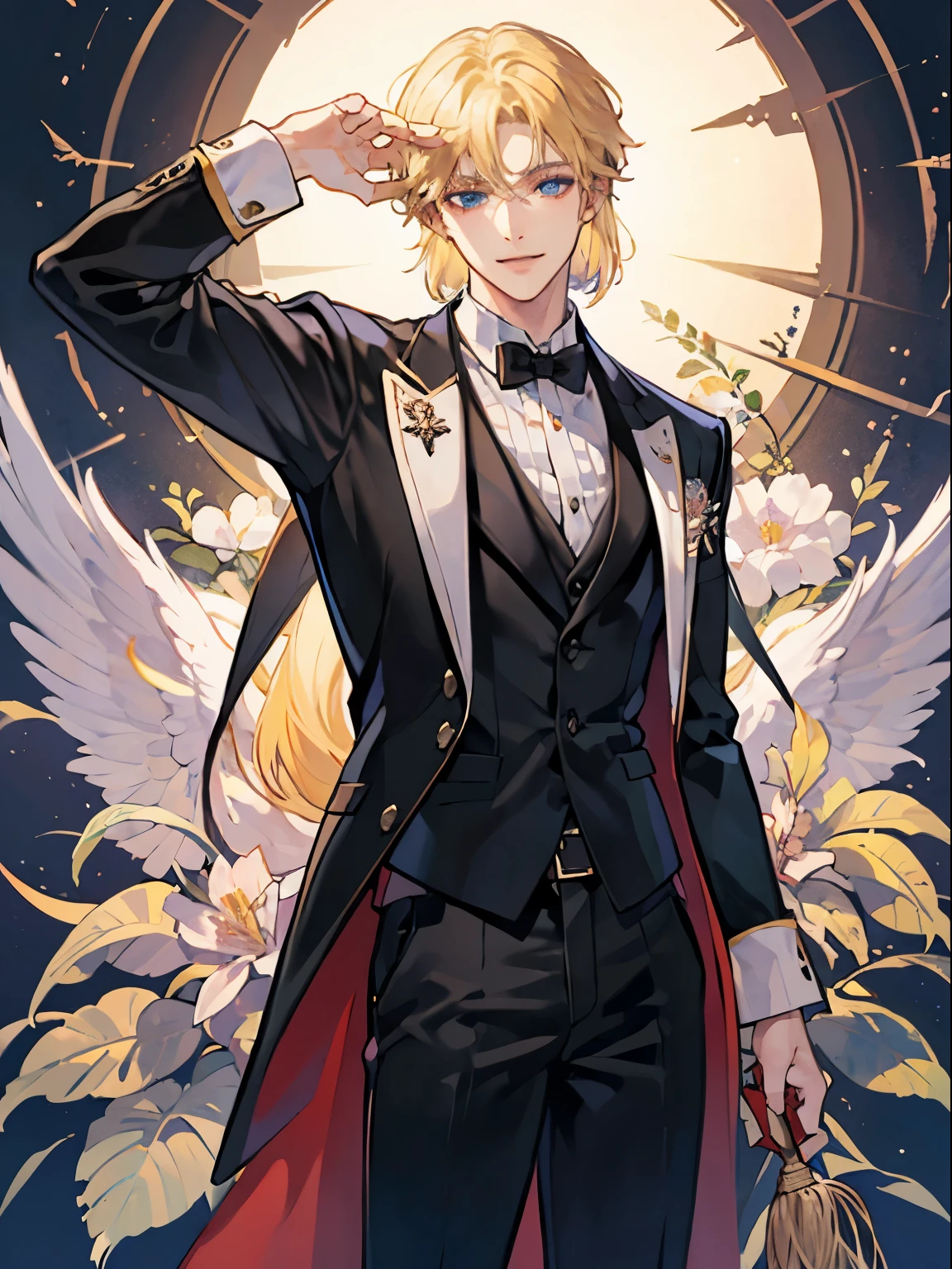 (masterpiece) 8k resolution, top quality, Handsome young man raking hair, beardless, Blonde long bob hair, blue eyes, model style, Tuxedo, kind face, fantasy style, black pants, elegant smile