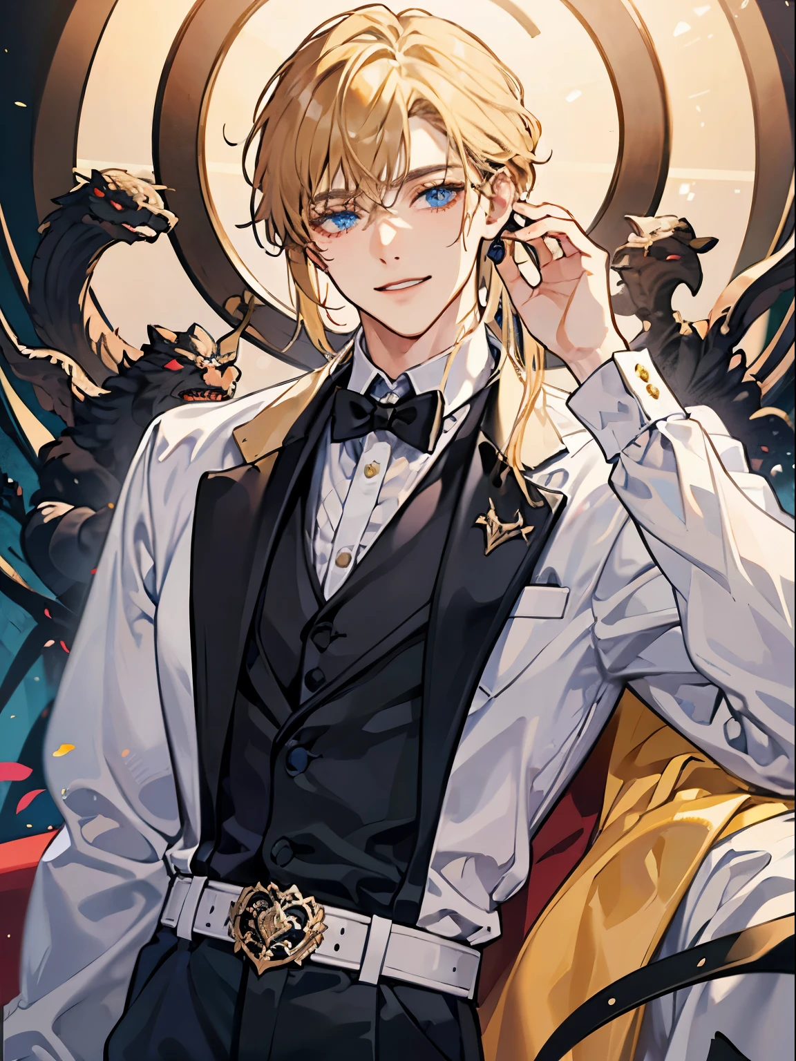(masterpiece) 8k resolution, top quality, Handsome young man raking hair, beardless, Blonde long bob hair, blue eyes, model style, Tuxedo, kind face, fantasy style, black pants, elegant smile