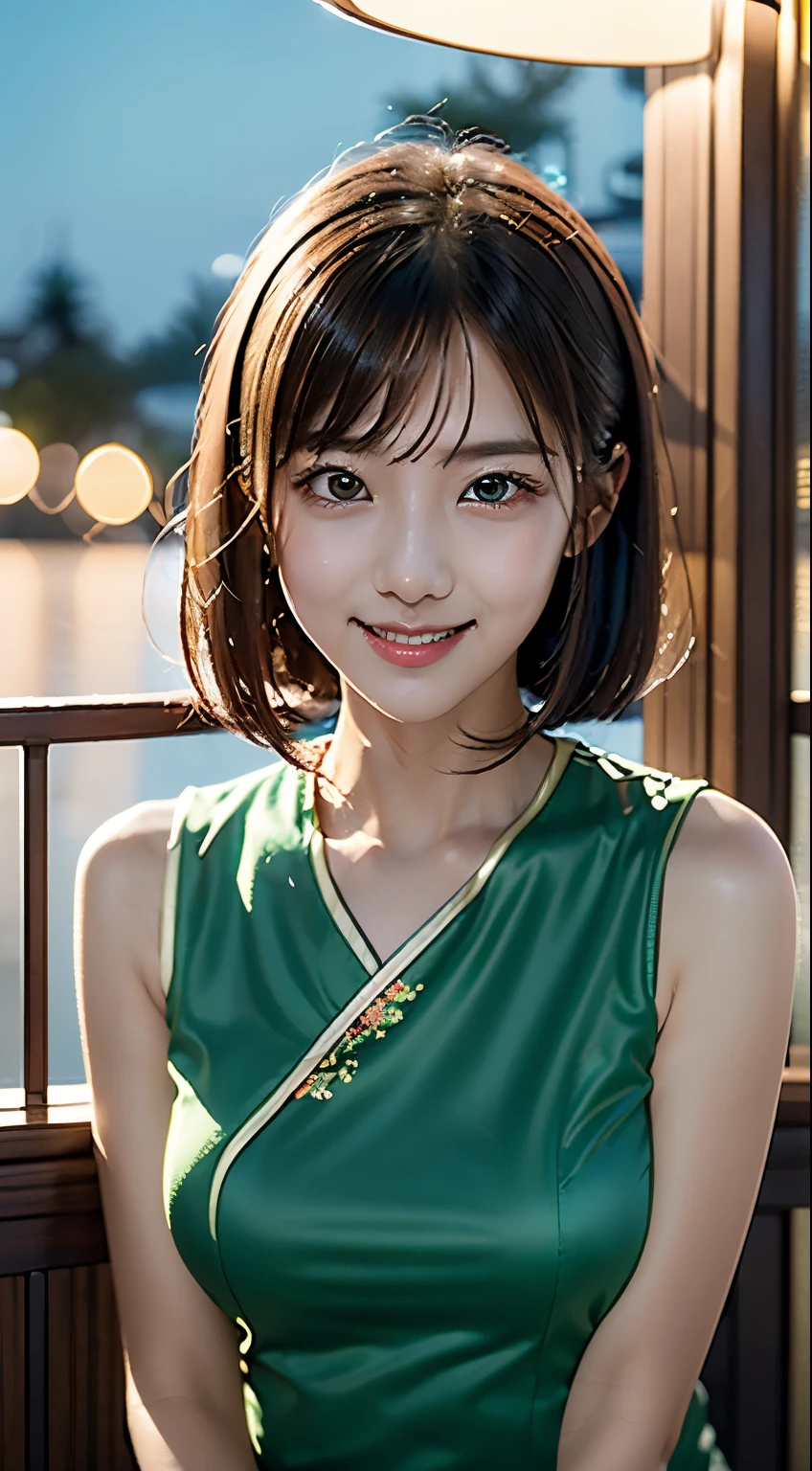 table top, highest quality, 8k, 10 years old, teen, RAW photo, absurd、 smile,、alone、(night:1.8), idol face, violaces, delicate girl, Upper body, (detailed hands)、Digital single-lens reflex camera, looking at the viewer, Frank, Sophisticated,thin arms, professional lighting, film grain, chromatic aberration, (Eye and face details:1.0)、(Bokeh:1.1) , (red cheongsam:1.1) 、close your mouth、red cheongsamを着ている、cowboy shot、