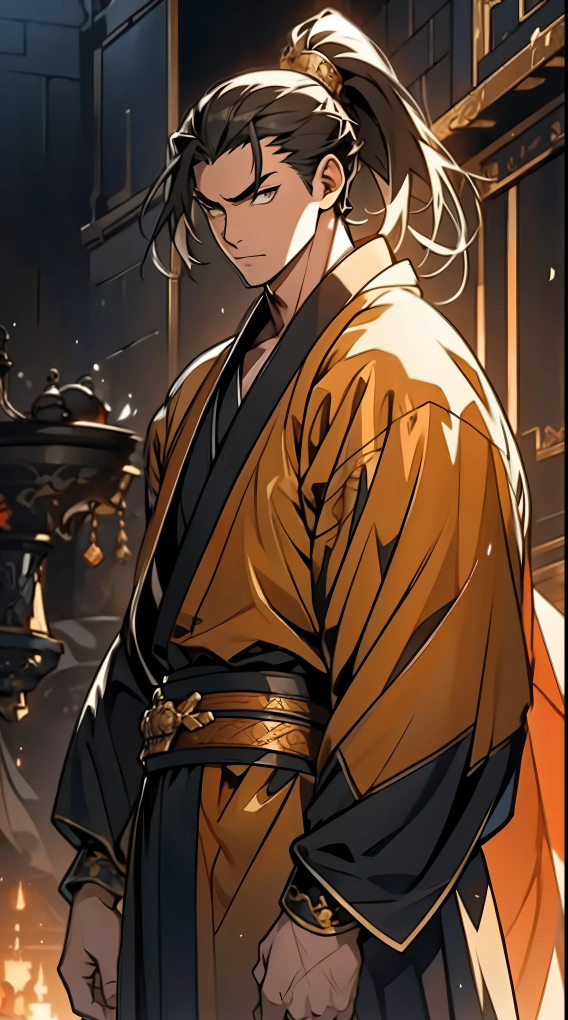 Two dimensions,anime style,one person(male warrior),proportions are correct,facial details,swordsman,high ponytail hairstyle,neck detail,Have an Adam's apple,Black and gold robe,joke,Black and gold robe,clothing details,Hand over,long sleeves,Game quality,fencing,Ray tracing,Ray tracing,Detailed glow,CG rendering,hair details,Long black and blond hair,Black-gold eyes,Handsome,Handsome,(Youthful feeling),Costumes are complicated,Perfect composition,refine,high quality,higher details,many details,Complex background,a sense of atmosphere,