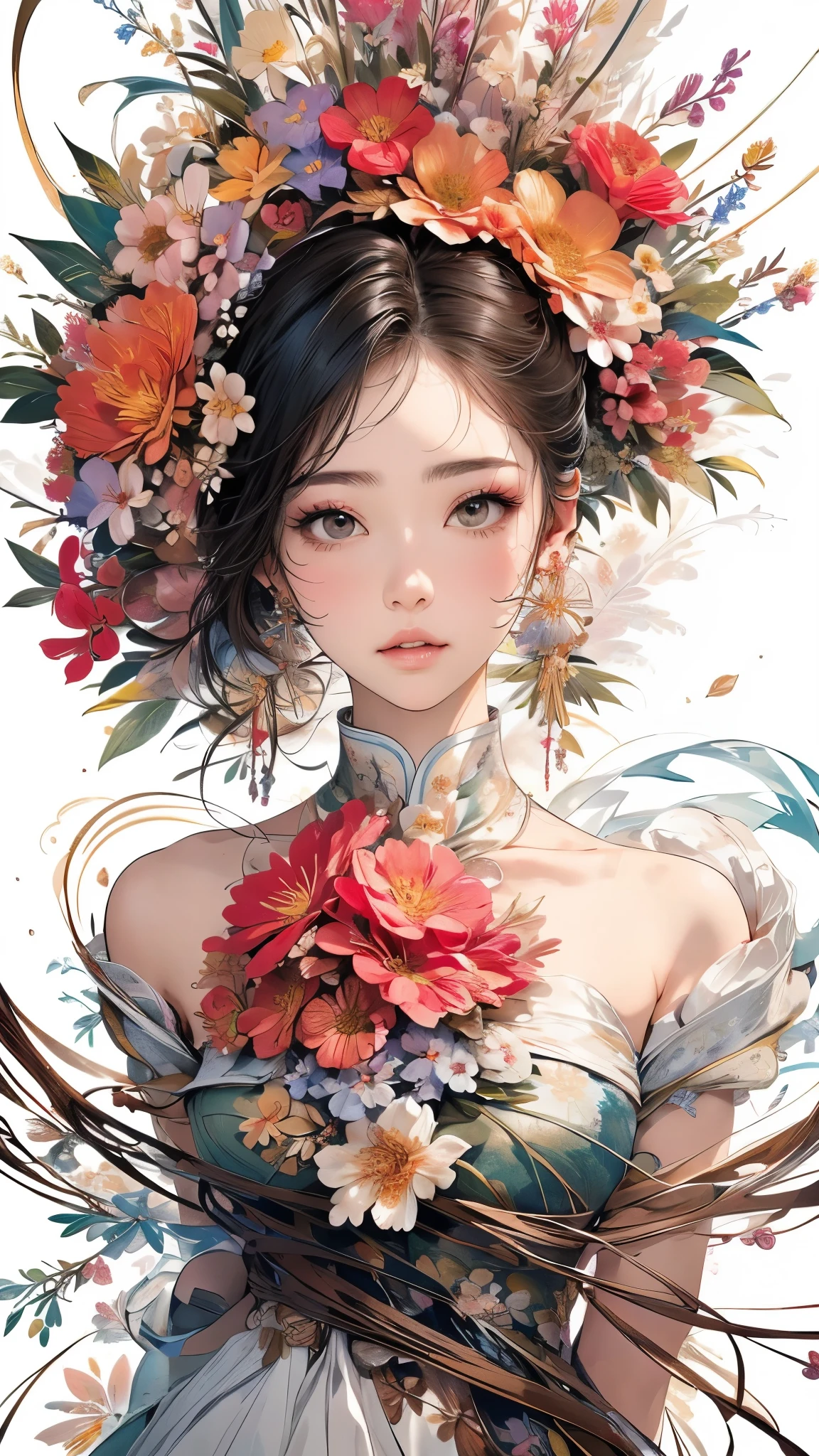 A woman with flowers in her hair and a dress - SeaArt AI