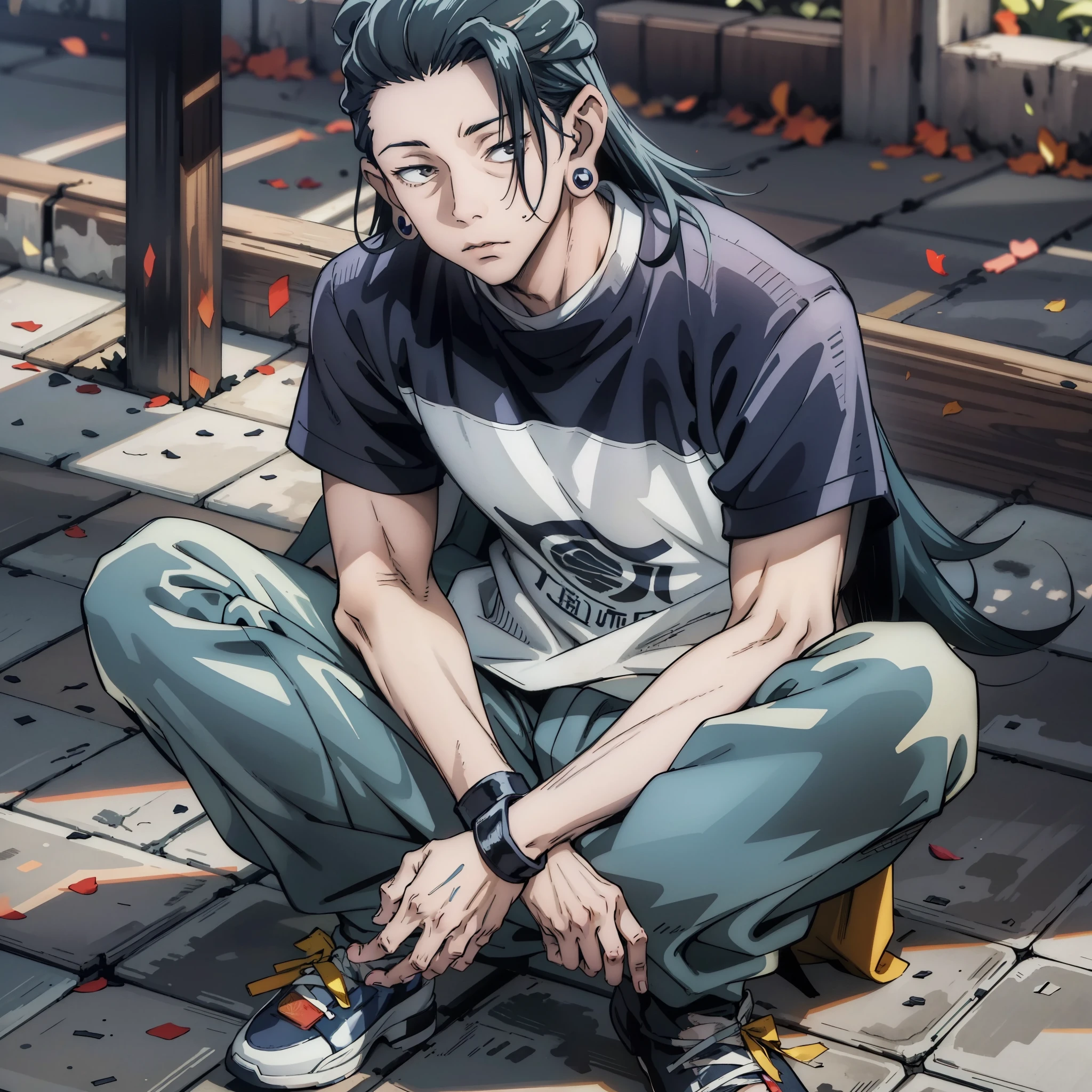 (masterpiece, best quality:1.2), Jujutsu kaisen style, suguru geto, (1man, solo), (25years old:1.1), full body, white t-shirt, black jeans, black long hair, earrings, (Exhausted expression:1.2), looking up, (park, sitting on the ground), crossed arms