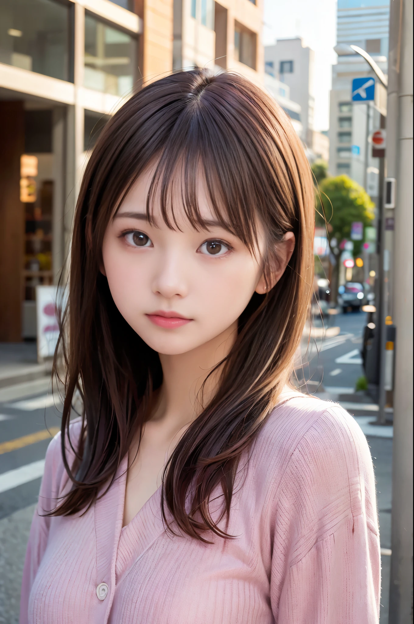 ((masterpiece,best quality 1.4)), (8k,RAW photo:1.2), (realistic,photo realistic:1.4), ultra high resolution , (Highly detailed 8k wallpaper) ,japanese idol, Japanese actress, Japanese, very cute, Big eyes, highly detailed eyes and face, Beautiful eyes in every detail,shiny skin,portrait,(medium hair and straight hair :1.3), professional lighting, sharp focus, Depth of written boundary , blur background, Bokeh,(pink sweater) Early morning in a bustling city, golden sunlight reflecting off skyscrapers, empty streets slowly coming to life