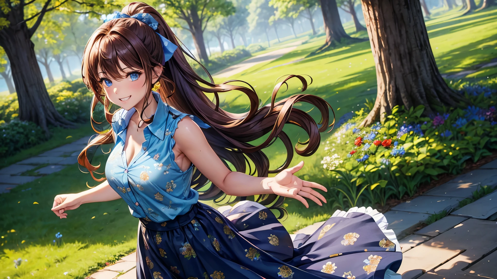 1girl, solo, village, trees, flowers, brown hair, long hair, curly hair, ponytail, large breasts, button down shirt, ((worn out shirt)), blue eyes, ((blue floral pattern shirt)), ((unbuttoned shirt)), cleavage 1:3, ((sleeveless shirt)), checked skirt, grin, looking at the viewer, hand on hip, standng, hair ribbon, golden necklate