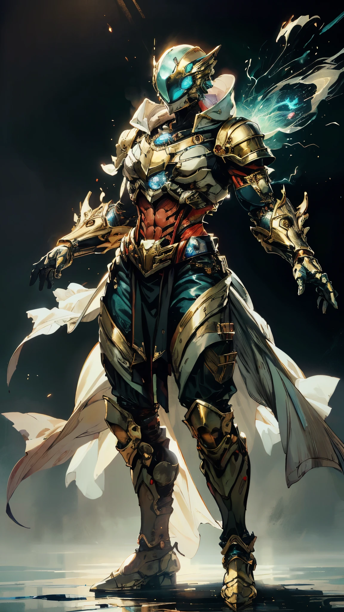 A woman adorned in fantasy-style full-body armor, a crown-concept fully enclosed helmet that unveils only her eyes, a composite layered chest plate, fully encompassing shoulder and hand guards, a lightweight waist armor, form-fitting shin guards, the overall design is heavy-duty yet flexible, (the armor gleams with a golden glow, complemented by red and blue accents), exhibiting a noble aura, she floats above a fantasy-surreal high-tech city, this character embodies a finely crafted fantasy-surreal style armored hero in anime style, exquisite and mature manga art style, (mixture of Queen bee and Spider concept Armor, plasma), ((Element, elegant, goddess, femminine:1.5)), metallic, high definition, best quality, highres, ultra-detailed, ultra-fine painting, extremely delicate, professional, anatomically correct, symmetrical face, extremely detailed eyes and face, high quality eyes, creativity, RAW photo, UHD, 32k, Natural light, cinematic lighting, masterpiece-anatomy-perfect, masterpiece:1.5