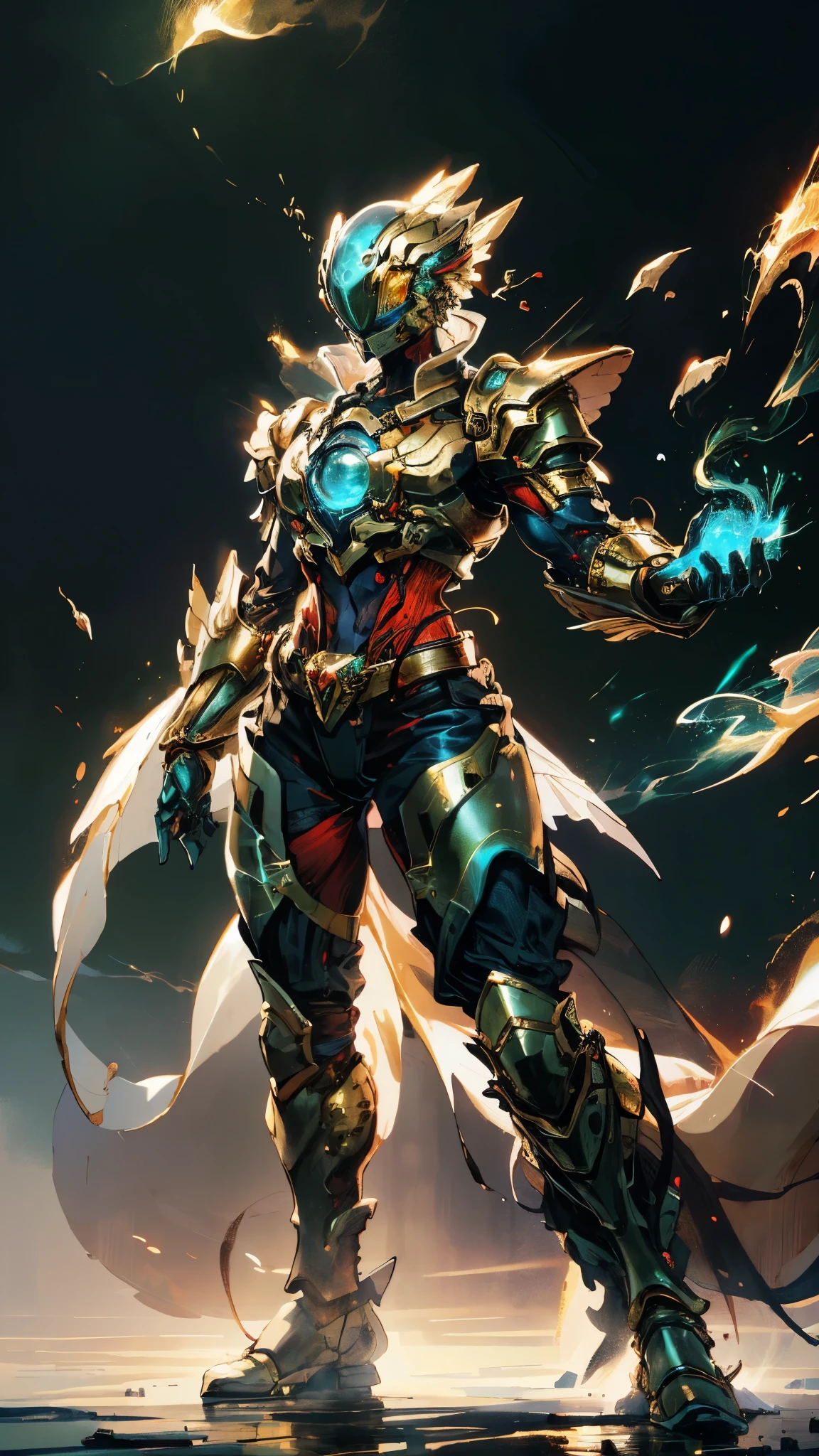 A woman adorned in fantasy-style full-body armor, a crown-concept fully enclosed helmet that unveils only her eyes, a composite layered chest plate, fully encompassing shoulder and hand guards, a lightweight waist armor, form-fitting shin guards, the overall design is heavy-duty yet flexible, (the armor gleams with a golden glow, complemented by red and blue accents), exhibiting a noble aura, she floats above a fantasy-surreal high-tech city, this character embodies a finely crafted fantasy-surreal style armored hero in anime style, exquisite and mature manga art style, (mixture of Queen bee and Spider concept Armor, plasma), ((Element, elegant, goddess, femminine:1.5)), metallic, high definition, best quality, highres, ultra-detailed, ultra-fine painting, extremely delicate, professional, anatomically correct, symmetrical face, extremely detailed eyes and face, high quality eyes, creativity, RAW photo, UHD, 32k, Natural light, cinematic lighting, masterpiece-anatomy-perfect, masterpiece:1.5