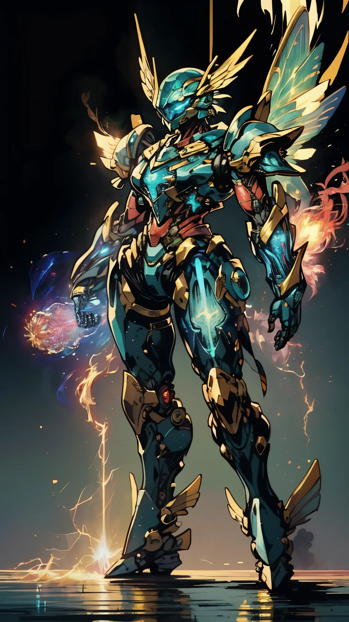 A woman adorned in fantasy-style full-body armor, a crown-concept fully enclosed helmet that unveils only her eyes, a composite layered chest plate, fully encompassing shoulder and hand guards, a lightweight waist armor, form-fitting shin guards, the overall design is heavy-duty yet flexible, (the armor gleams with a golden glow, complemented by red and blue accents), exhibiting a noble aura, she floats above a fantasy-surreal high-tech city, this character embodies a finely crafted fantasy-surreal style armored hero in anime style, exquisite and mature manga art style, (mixture of Queen bee and Spider concept Armor, plasma), ((Element, elegant, goddess, femminine:1.5)), metallic, high definition, best quality, highres, ultra-detailed, ultra-fine painting, extremely delicate, professional, anatomically correct, symmetrical face, extremely detailed eyes and face, high quality eyes, creativity, RAW photo, UHD, 32k, Natural light, cinematic lighting, masterpiece-anatomy-perfect, masterpiece:1.5