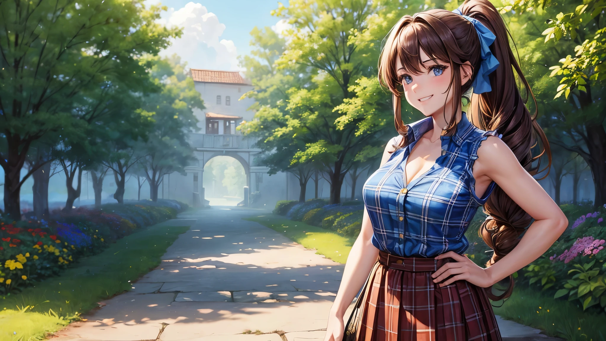1girl, solo, village, trees, flowers, brown hair, long hair, curly hair, ponytail, large breasts, button down shirt, ((worn out shirt)), blue eyes, ((blue checked shirt)), ((unbuttoned shirt)), cleavage 1:3, ((sleeveless shirt)), checked skirt, grin, looking at the viewer, hand on hip, standng, hair ribbon, golden necklate