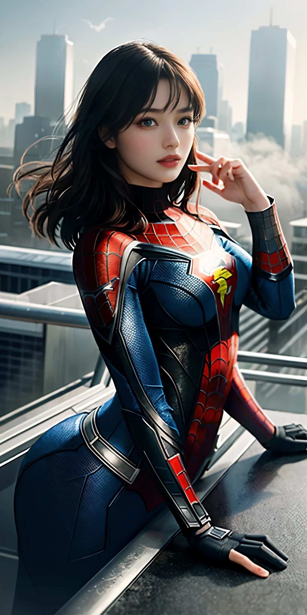 (1girl:1.3), Solo, (((Very detailed face)))), ((Very detailed eyes and face)))), Beautiful detail eyes, Body parts__, Official art, Unified 8k wallpaper, Super detailed, beautiful and beautiful, beautiful, masterpiece, best quality, original, masterpiece, super fine photo, best quality, super high resolution, realistic realism, sunlight, full body portrait, amazing beauty, dynamic pose, delicate face, vibrant eyes, (from the front), She wears Spider-Man suit, red and black color scheme, spider, very detailed city roof background, rooftop, overlooking the city, detailed face, detailed complex busy background, messy, gorgeous, milky white, highly detailed skin, realistic skin details, visible pores, clear focus, volumetric fog, 8k uhd, DSLR, high quality, film grain, fair skin, photo realism, lomography, futuristic dystopian megalopolis, translucent, superman suit