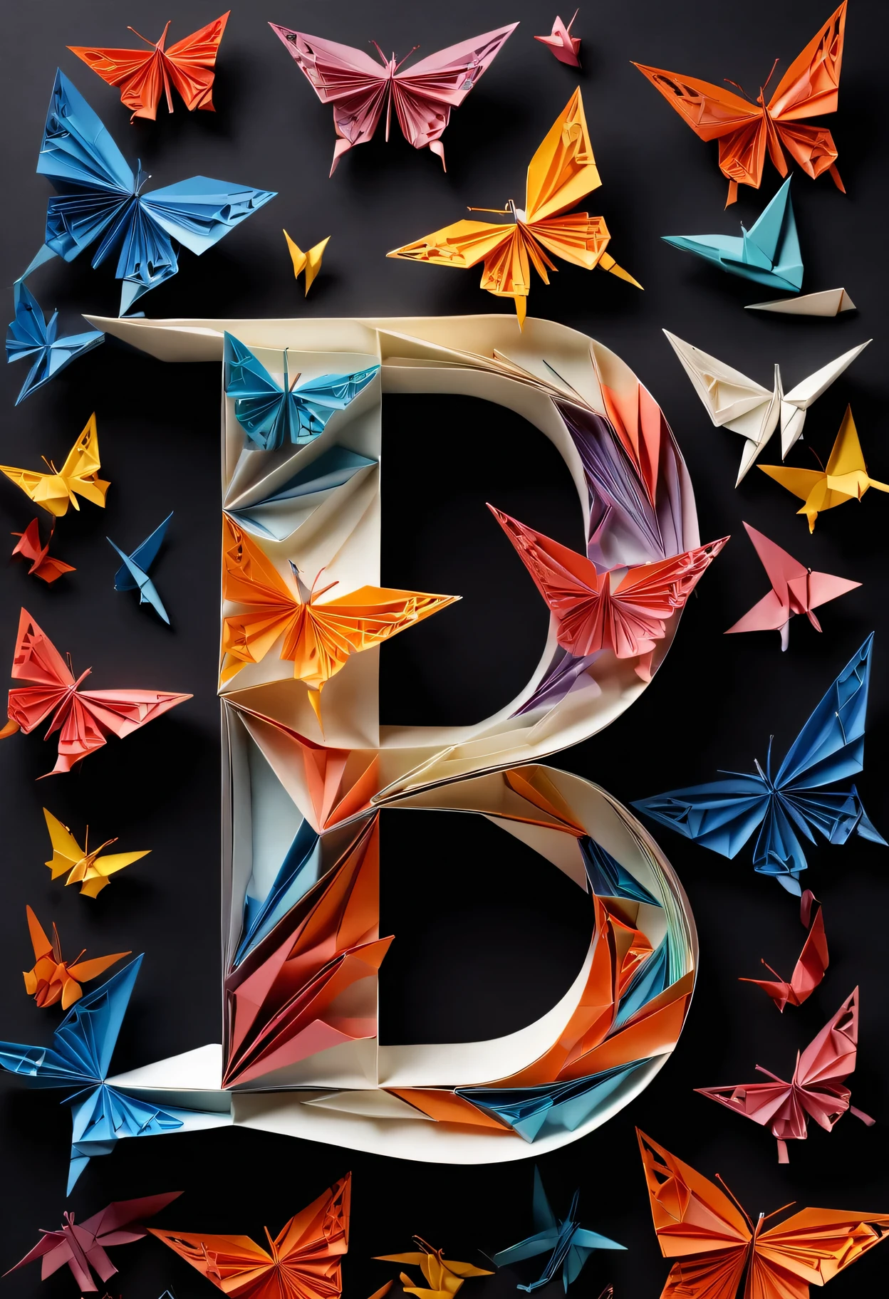 (high detail,illustration,Origami:1.2),Intricate paper cutting, Detailed folds,subtle shading,Beautifully designed colorful letter B, Handmade masterpiece:1.1,Precise and delicate lines, bright colors,In sharp contrast,black and white,Contrast texture, complex patterns,playful composition,clear edges,Shocking visual impact, Meticulous craftsmanship,artistic creativity,A unique interpretation