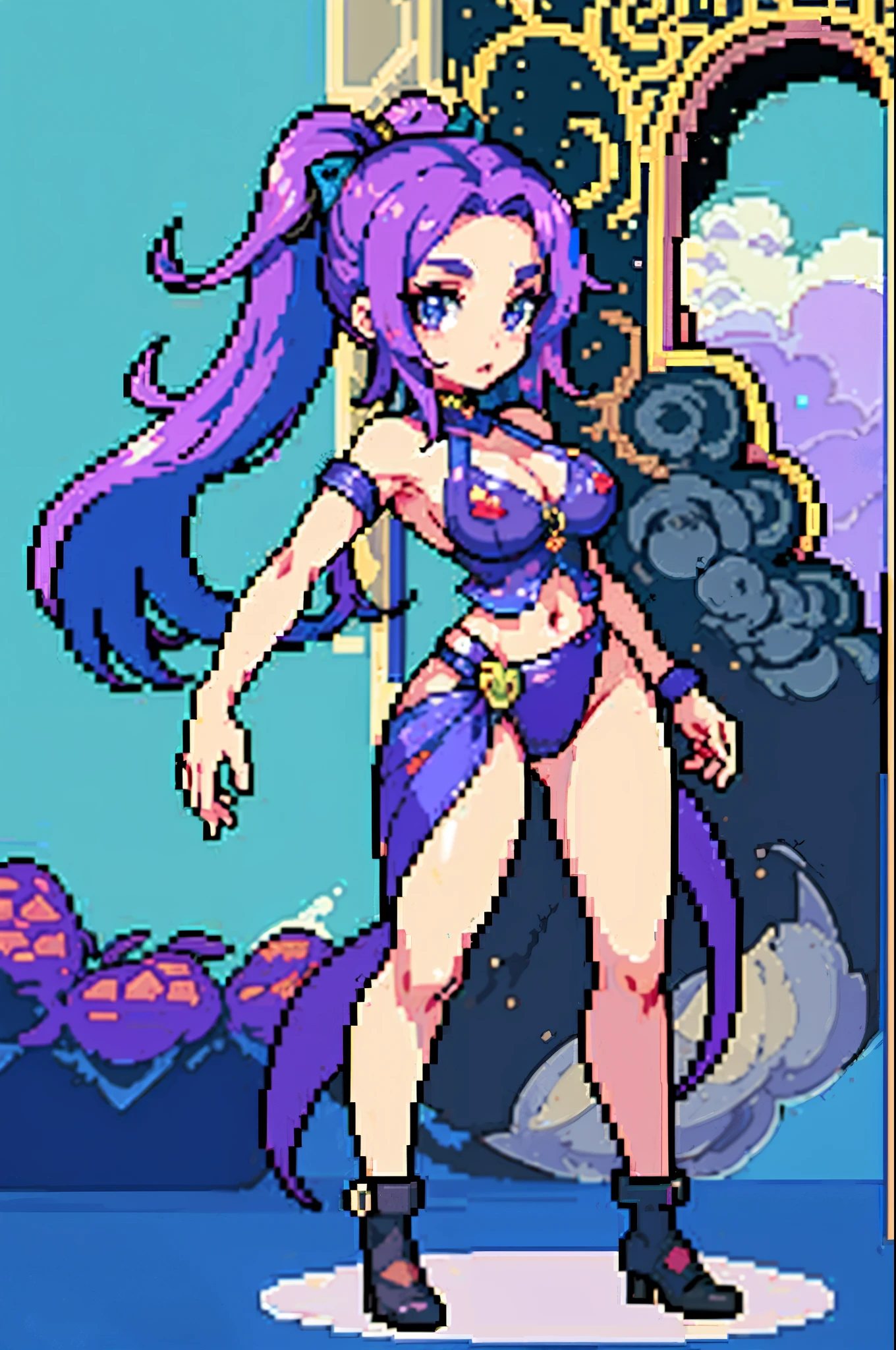 (masterpiece, top quality, best quality), pixel,pixel art,1girl,full body, Abigail, purple hair, bow, bikini, medium breasts, cleavage, midriff