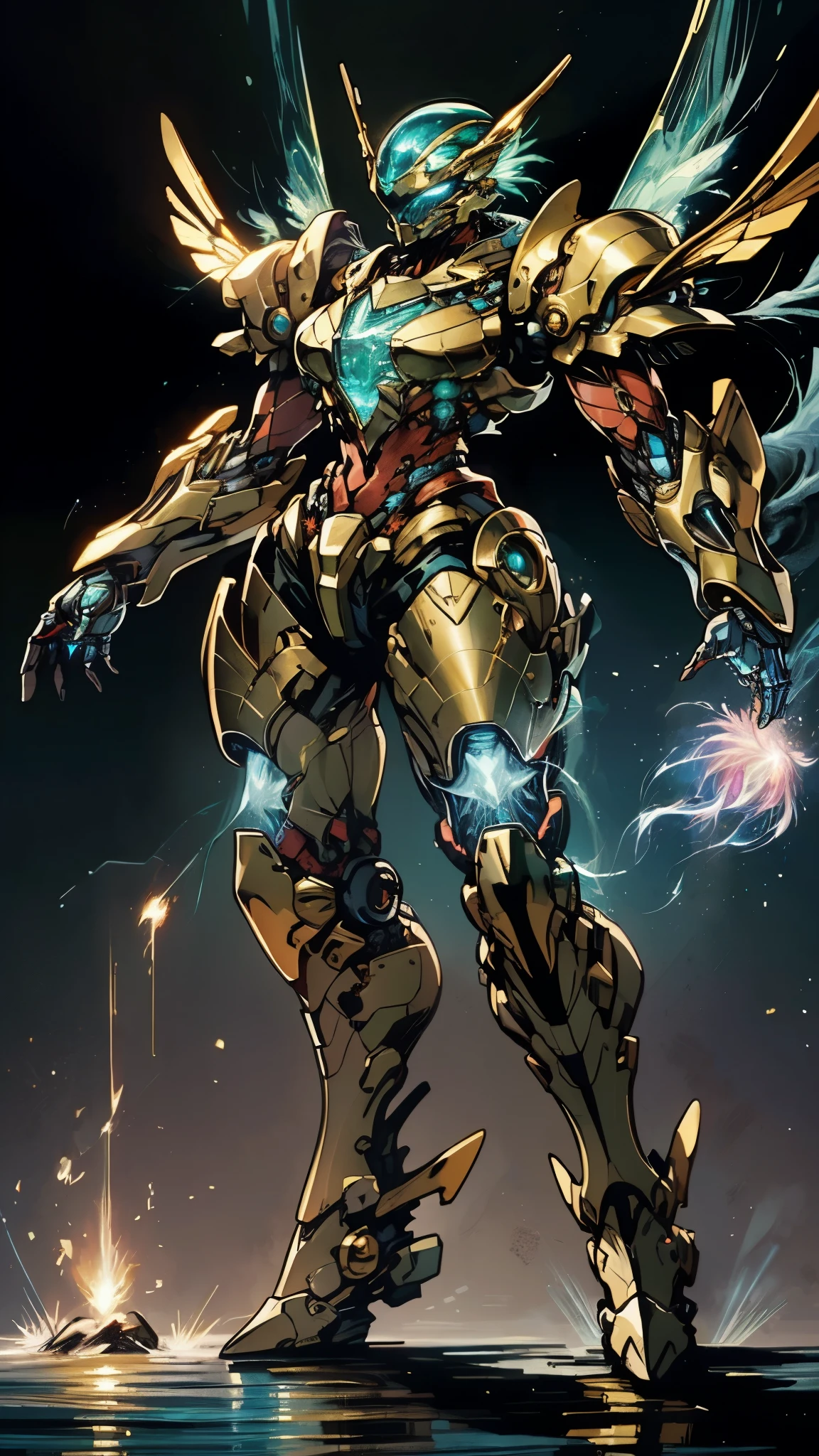 A woman adorned in fantasy-style full-body armor, a crown-concept fully enclosed helmet that unveils only her eyes, a composite layered chest plate, fully encompassing shoulder and hand guards, a lightweight waist armor, form-fitting shin guards, the overall design is heavy-duty yet flexible, (the armor gleams with a golden glow, complemented by red and blue accents), exhibiting a noble aura, she floats above a fantasy-surreal high-tech city, this character embodies a finely crafted fantasy-surreal style armored hero in anime style, exquisite and mature manga art style, (mixture of Queen bee and Spider concept Armor, plasma), ((Element, elegant, goddess, femminine:1.5)), metallic, high definition, best quality, highres, ultra-detailed, ultra-fine painting, extremely delicate, professional, anatomically correct, symmetrical face, extremely detailed eyes and face, high quality eyes, creativity, RAW photo, UHD, 32k, Natural light, cinematic lighting, masterpiece-anatomy-perfect, masterpiece:1.5