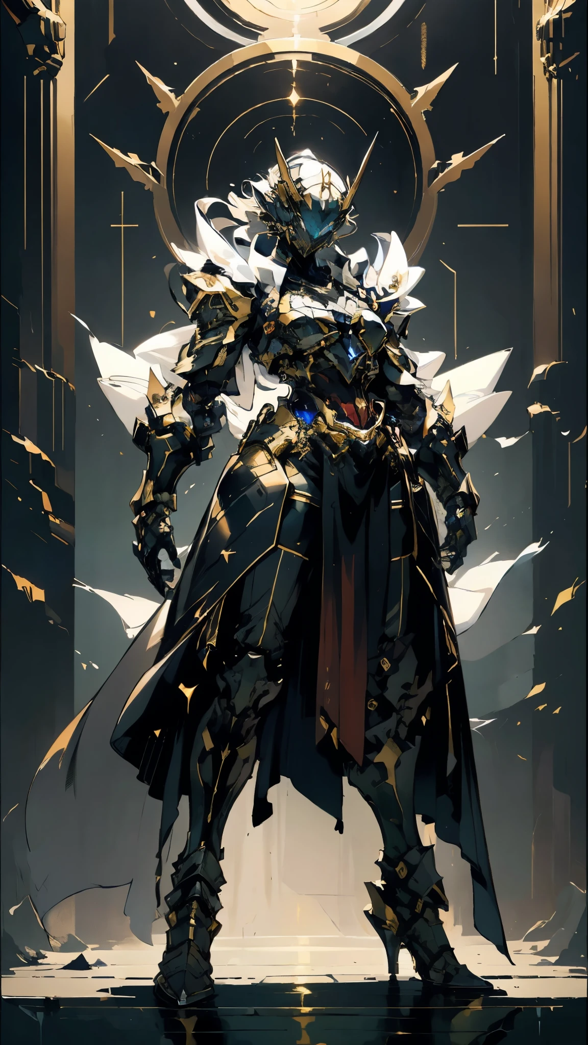 A woman adorned in fantasy-style full-body armor, a crown-concept fully enclosed helmet that unveils only her eyes, a composite layered chest plate, fully encompassing shoulder and hand guards, a lightweight waist armor, form-fitting shin guards, the overall design is heavy-duty yet flexible, (the armor gleams with a golden glow, complemented by red and blue accents), exhibiting a noble aura, she floats above a fantasy-surreal high-tech city, this character embodies a finely crafted fantasy-surreal style armored hero in anime style, exquisite and mature manga art style, (mixture of Queen bee and Spider concept Armor, plasma), ((Element, elegant, goddess, femminine:1.5)), metallic, high definition, best quality, highres, ultra-detailed, ultra-fine painting, extremely delicate, professional, anatomically correct, symmetrical face, extremely detailed eyes and face, high quality eyes, creativity, RAW photo, UHD, 32k, Natural light, cinematic lighting, masterpiece-anatomy-perfect, masterpiece:1.5