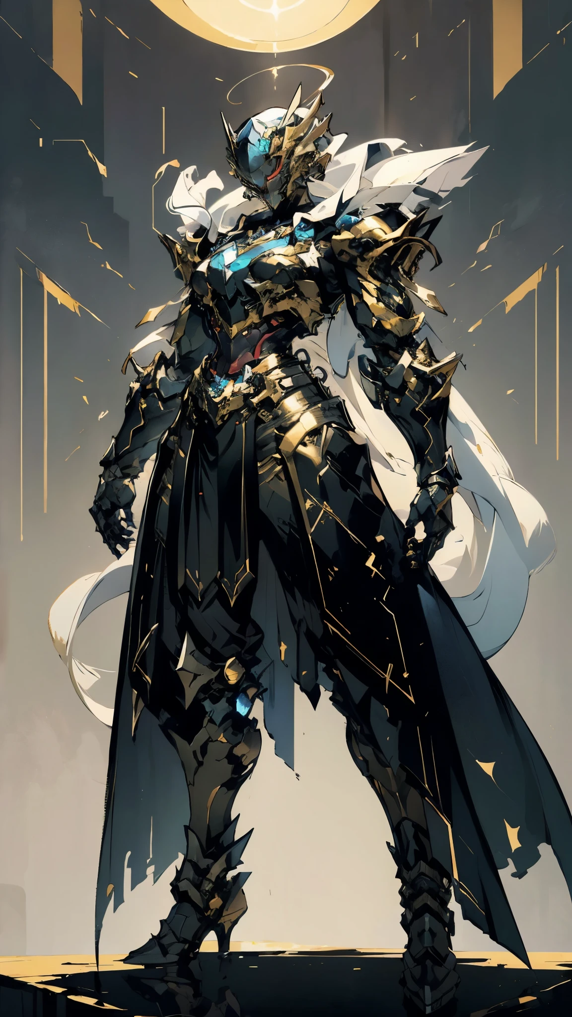 A woman adorned in fantasy-style full-body armor, a crown-concept fully enclosed helmet that unveils only her eyes, a composite layered chest plate, fully encompassing shoulder and hand guards, a lightweight waist armor, form-fitting shin guards, the overall design is heavy-duty yet flexible, (the armor gleams with a golden glow, complemented by red and blue accents), exhibiting a noble aura, she floats above a fantasy-surreal high-tech city, this character embodies a finely crafted fantasy-surreal style armored hero in anime style, exquisite and mature manga art style, (mixture of Queen bee and Spider concept Armor, plasma), ((Element, elegant, goddess, femminine:1.5)), metallic, high definition, best quality, highres, ultra-detailed, ultra-fine painting, extremely delicate, professional, anatomically correct, symmetrical face, extremely detailed eyes and face, high quality eyes, creativity, RAW photo, UHD, 32k, Natural light, cinematic lighting, masterpiece-anatomy-perfect, masterpiece:1.5
