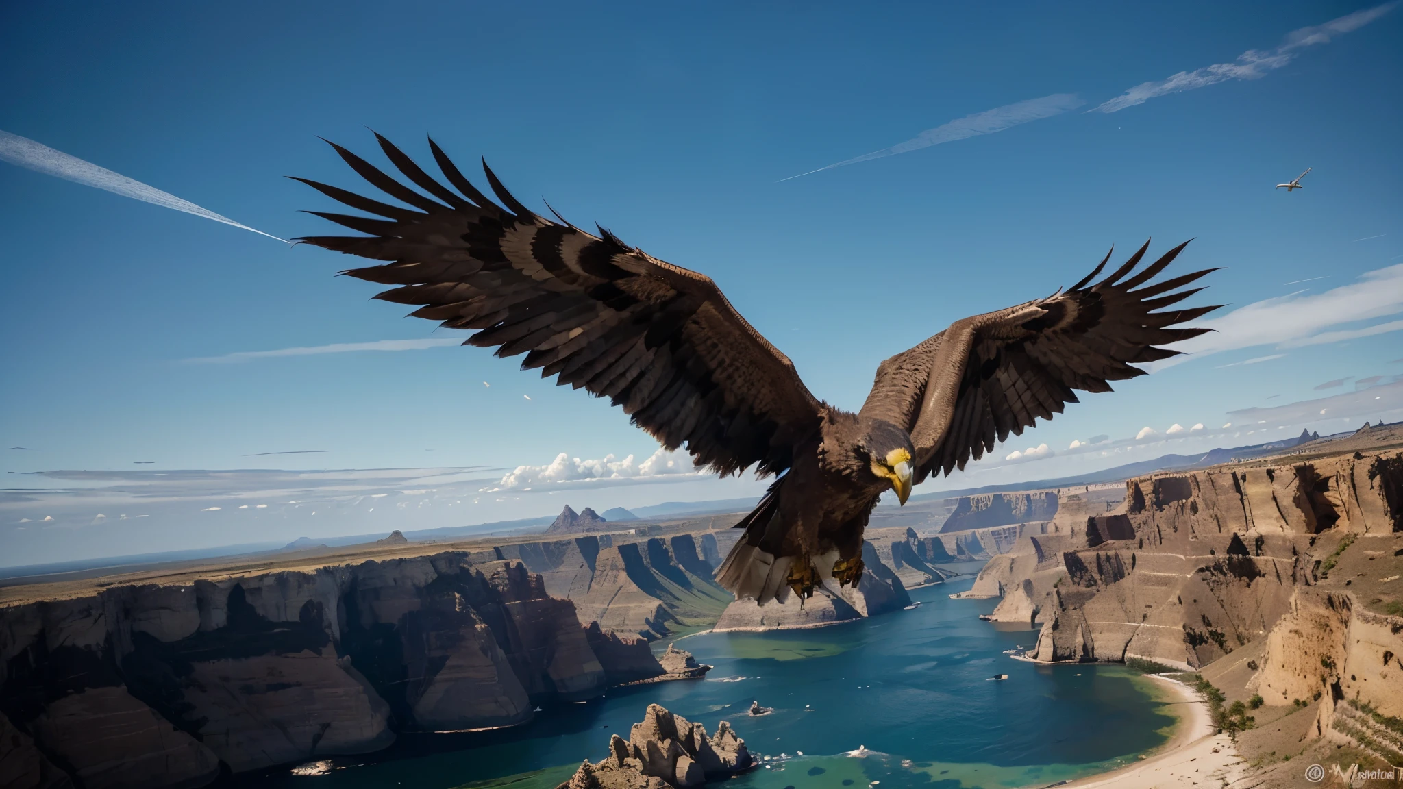 Imagine the Roc, a legendary bird of prey from Middle Eastern mythology, as a colossal creature with wings spanning vast distances, casting shadows over the landscape below. Its massive body is covered in sleek feathers of deep ebony, with streaks of shimmering gold and silver that catch the light as it soars through the sky. Its eyes, sharp and piercing, scan the horizon with an unwavering gaze, while its hooked beak and talons gleam with lethal precision. The Roc's wings beat with thunderous power, creating gusts of wind that buffet everything in its path. In the background, towering mountains and sprawling deserts serve as a backdrop to the Roc's majestic flight, highlighting its dominance over the natural world. Despite its immense size and formidable appearance, there is a sense of grace and beauty to the Roc as it navigates the boundless expanse of the heavens