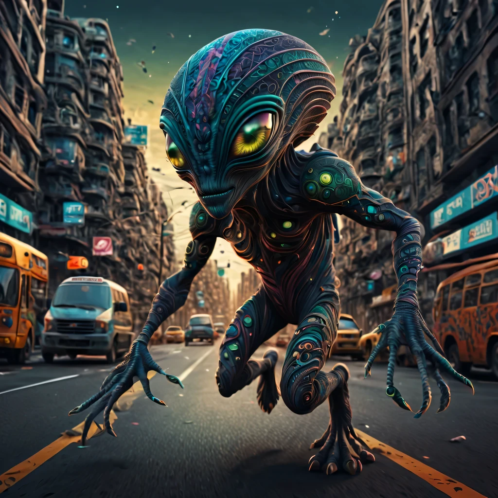 (best quality, highres, ultra sharp), magical ,huge shapep alien, in the street next a city, zentangle, full colored, 3d crunch, realistic feeling, terrorific scene, people running, panic, cars, buses, dark tones,