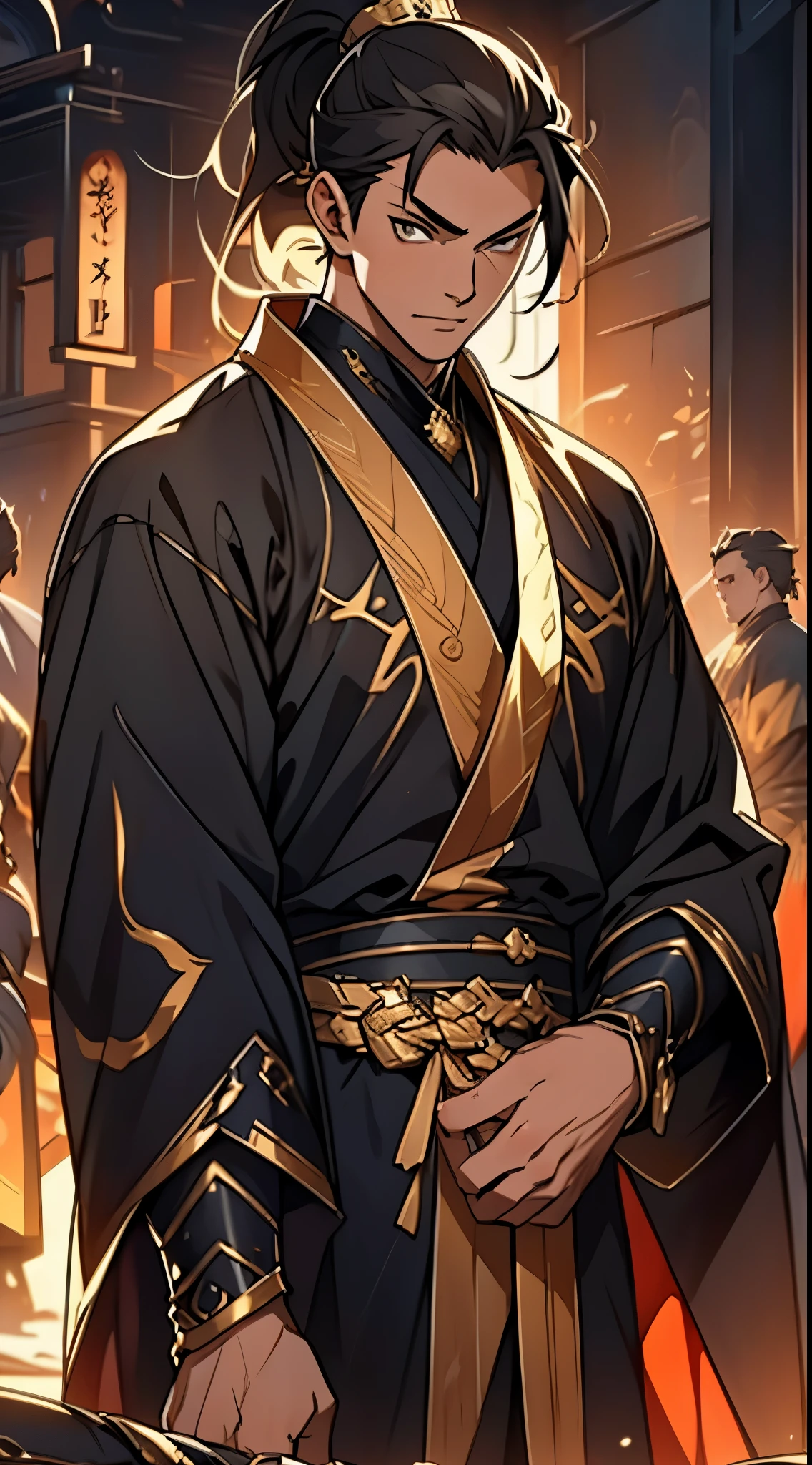 Two dimensions,anime style,one person(male warrior),proportions are correct,facial details,swordsman,high ponytail hairstyle,neck detail,Have an Adam's apple,Black and gold robe,joke,Black and gold robe,clothing details,Hand over,long sleeves,Game quality,fencing,Ray tracing,Ray tracing,Detailed glow,CG rendering,hair details,Long black and blond hair,Black-gold eyes,Handsome,Handsome,(Youthful feeling),Costumes are complicated,Perfect composition,refine,high quality,higher details,many details,Complex background,a sense of atmosphere,