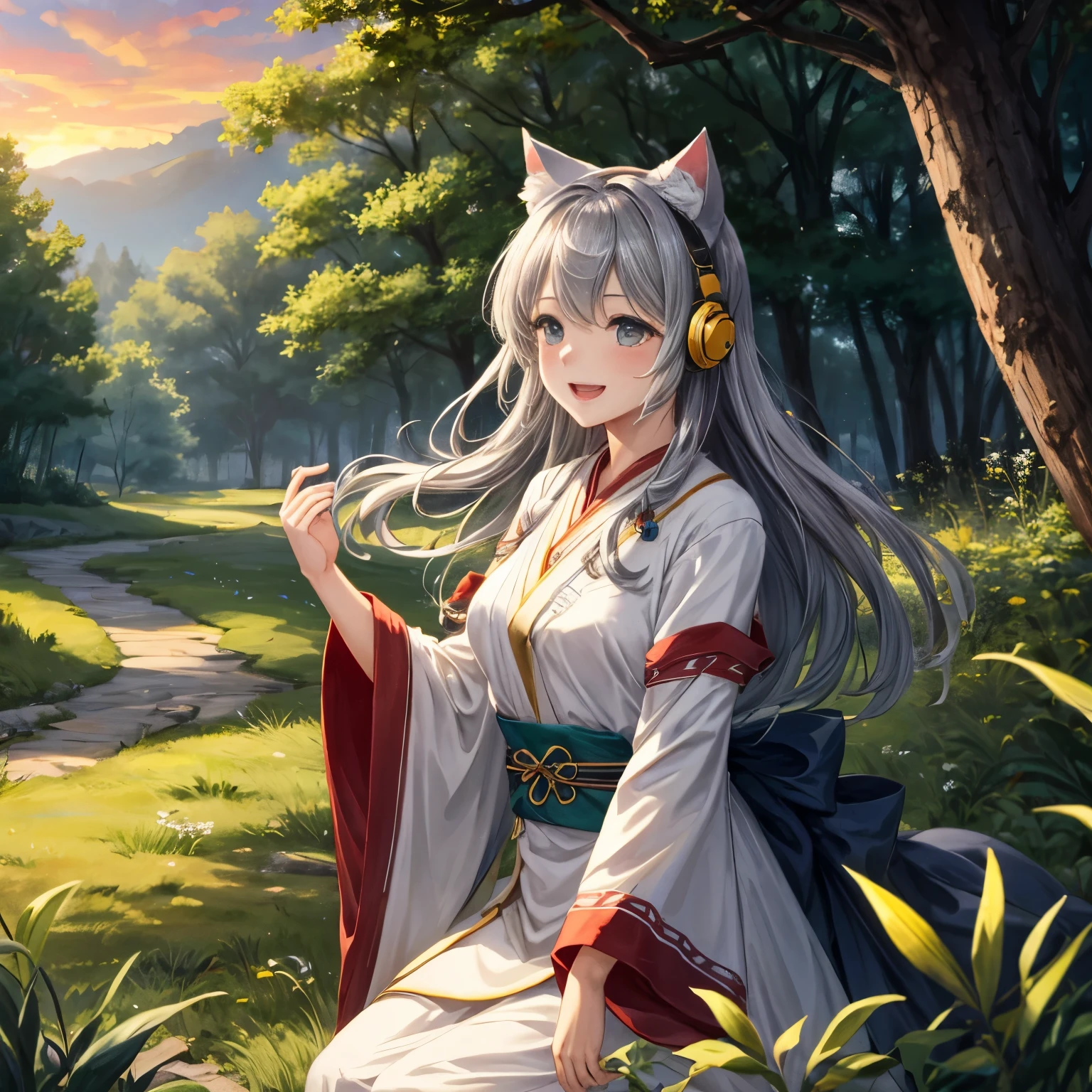 masterpiece, highest quality, movie stills, 1 girl, Cloud Girl, floating in the sky, close, bright, Happy, warm and soft lighting, sunset, (spark:0.7)、Cat ear、headphone、gray hair、17 year old girl、cute、Glamour、good style、laughter、Plump、good style、grassland、in the forest、shrine maiden、fortune teller、
