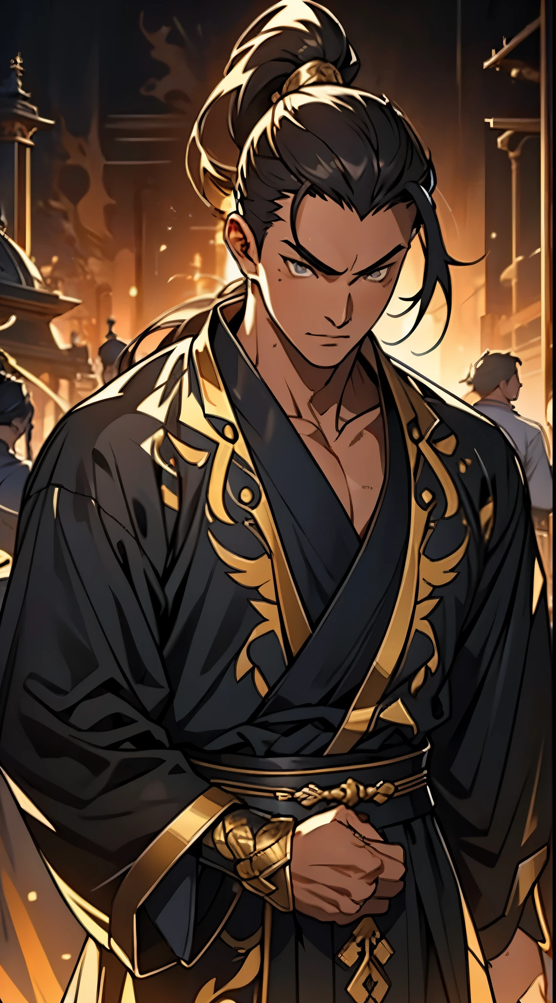 Two dimensions,anime style,one person(male warrior),proportions are correct,facial details,swordsman,high ponytail hairstyle,neck detail,Have an Adam's apple,Black and gold robe,joke,Black and gold robe,clothing details,Hand over,long sleeves,Game quality,fencing,Ray tracing,Ray tracing,Detailed glow,CG rendering,hair details,Long black and blond hair,Black-gold eyes,Handsome,Handsome,(Youthful feeling),Costumes are complicated,Perfect composition,refine,high quality,higher details,many details,Complex background,a sense of atmosphere,