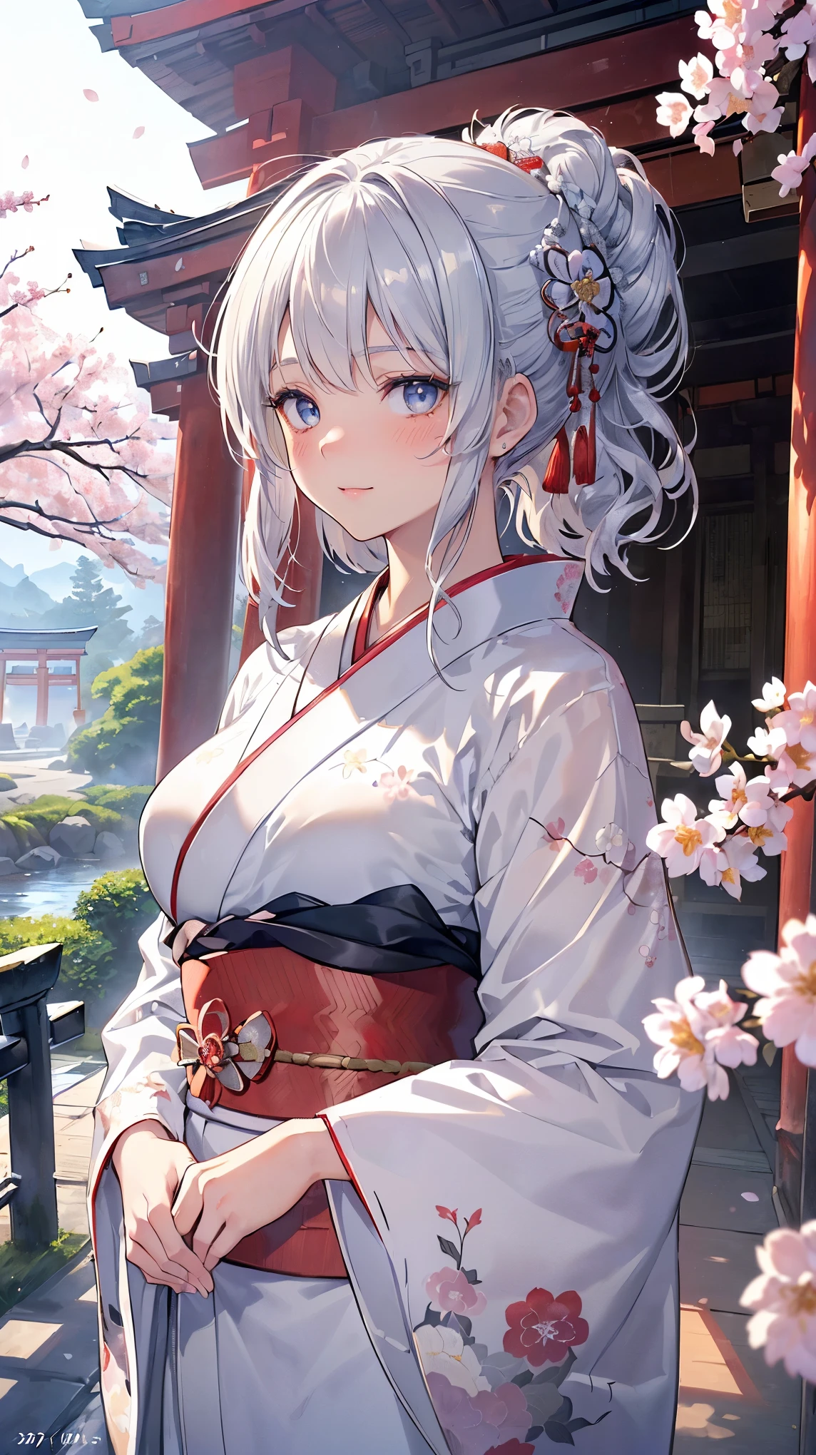 (((Masterpiece))), (((Highest quality))), ((Ultra-detailed)), ((Super fine illustration)), ((Ultra-fine painting)), (16K highest quality wallpaper:1.4), (Upper body:1.6), HDR, (Highly detailed and delicate illustration style:1.8), Detailed skin texture, Detailed cloth texture, Extreme detailed description, (T-masterpiece), (Highly detailed face:1.2), (Highly detailed silver fox ears:1.2), (Highly detailed shiny silver half updo:1.2), (Highly detailed clear eyes:1.2), Original, RAW photo, Professional, Intricate details, Super details, Direct light:1.6, (Perfect anatomy:1.4), (Highly detailed hands:1.2), (Highly detailed fingers:1.2), (Highly detailed fingertips:1.2), (16-years-old), Real, (Solo:1.8), ((A beautiful and cute silver fox girl who is an idol and wears a bright red long-sleeved kimono with a floral pattern:1.4)) BRAKE (Beautiful and adorable silver fox ears:1.6), (Highly detailed and delicate silver fox ears:1.4), (Beautiful and well-shaped big breasts:1.2), (Beautiful and well-shaped buttocks), (Beautiful and shiny silver half updo:1.6), (Highly detailed and delicate silver half updo:1.2), (Beautiful clear blue eyes that shine with great detail:1.6), (Highly detailed and delicate blue eyes:1.2), (Highly detailed face:1.4), (Smile:1.5), (Blush:1.4), (Looking at viewer:1.4), (Celebration:1.4) BRAKE (Bright red long-sleeved kimono with floral pattern:1.4), (Japanese traditional costume:1.2) BRAKE (Concept art:1.2), (Detailed fantasy art:1.2) BRAKE (Highly detailed and delicate Ise Grand Shrine in Mie Prefecture in the background just after noon in spring:1.6), (Standing in front of the torii gate:1.4), (Celebration:1.4), Ise Grand Shrine:1.4, Torii gate of Ise Shrine:1.4, cherry blossoms:1.2, Very beautiful in the sunny sky background just after noon:1.4 BRAKE