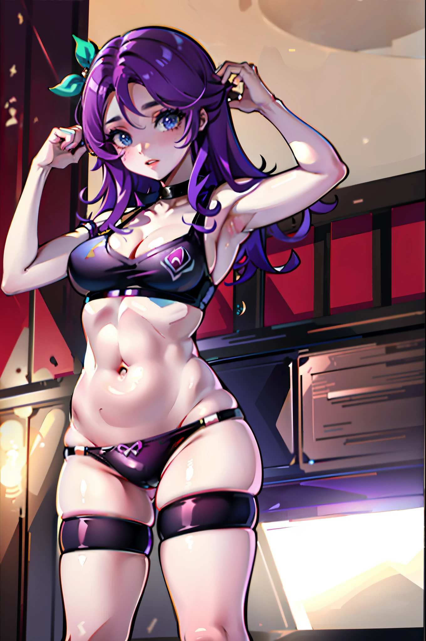 (masterpiece, top quality, best quality),1girl,full body, Abigail, purple hair, bow, bikini, medium breasts, cleavage, midriff