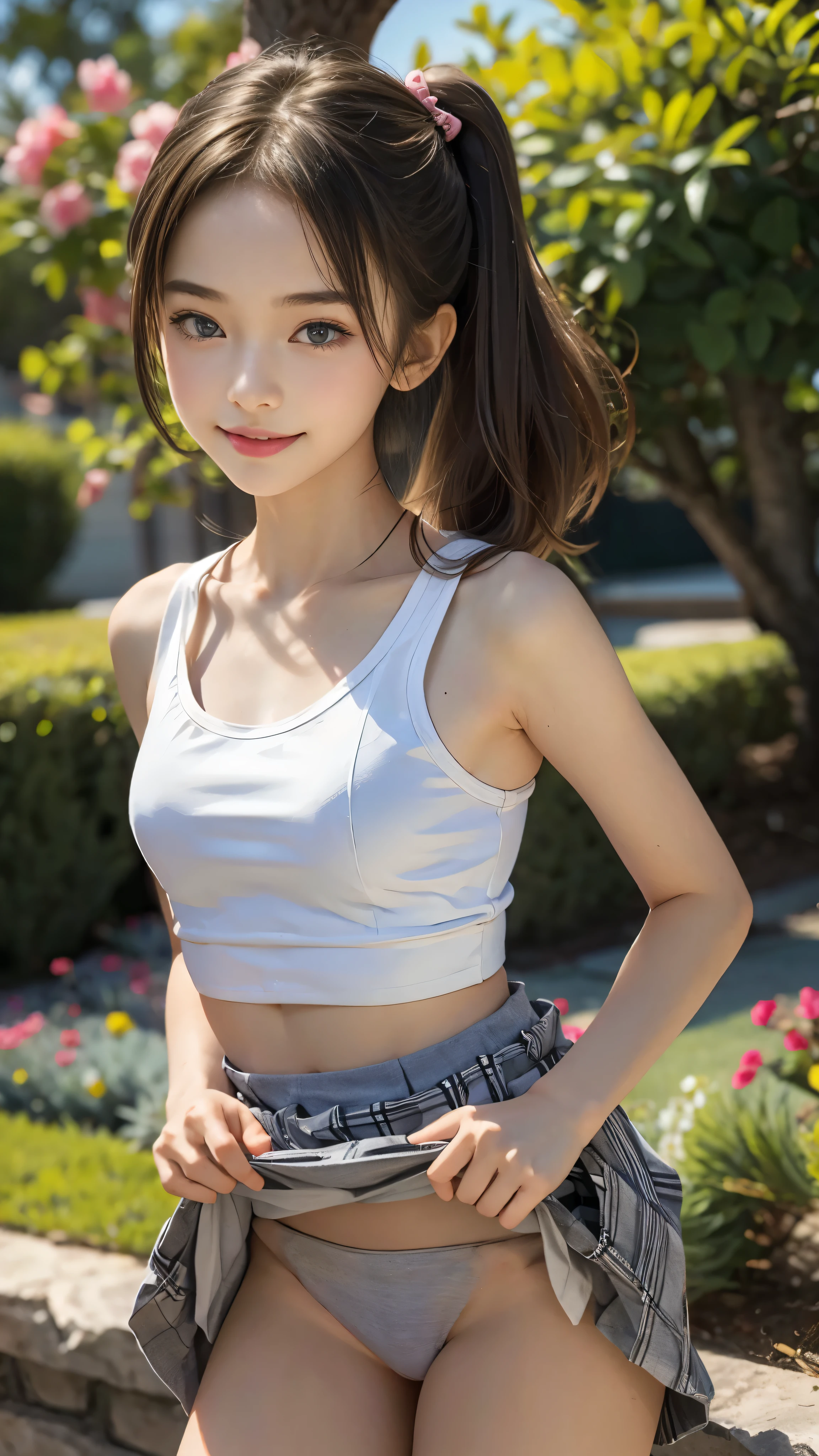 18-year-old, adorable, japanese girl, , portrait ,Tank top((mini skirt))、Thighs Thighs Nose:1.1),   , (high color saturation,catch light:1.0),  (highly detailed skin), (highest quality:1.0), (ultra high resolution:1.0) ,(realistic:1.0), (Super detailed:1.0), (8k, RAW photo:1.1),( smile:0.8),looking at the viewer(lift up the skirt)