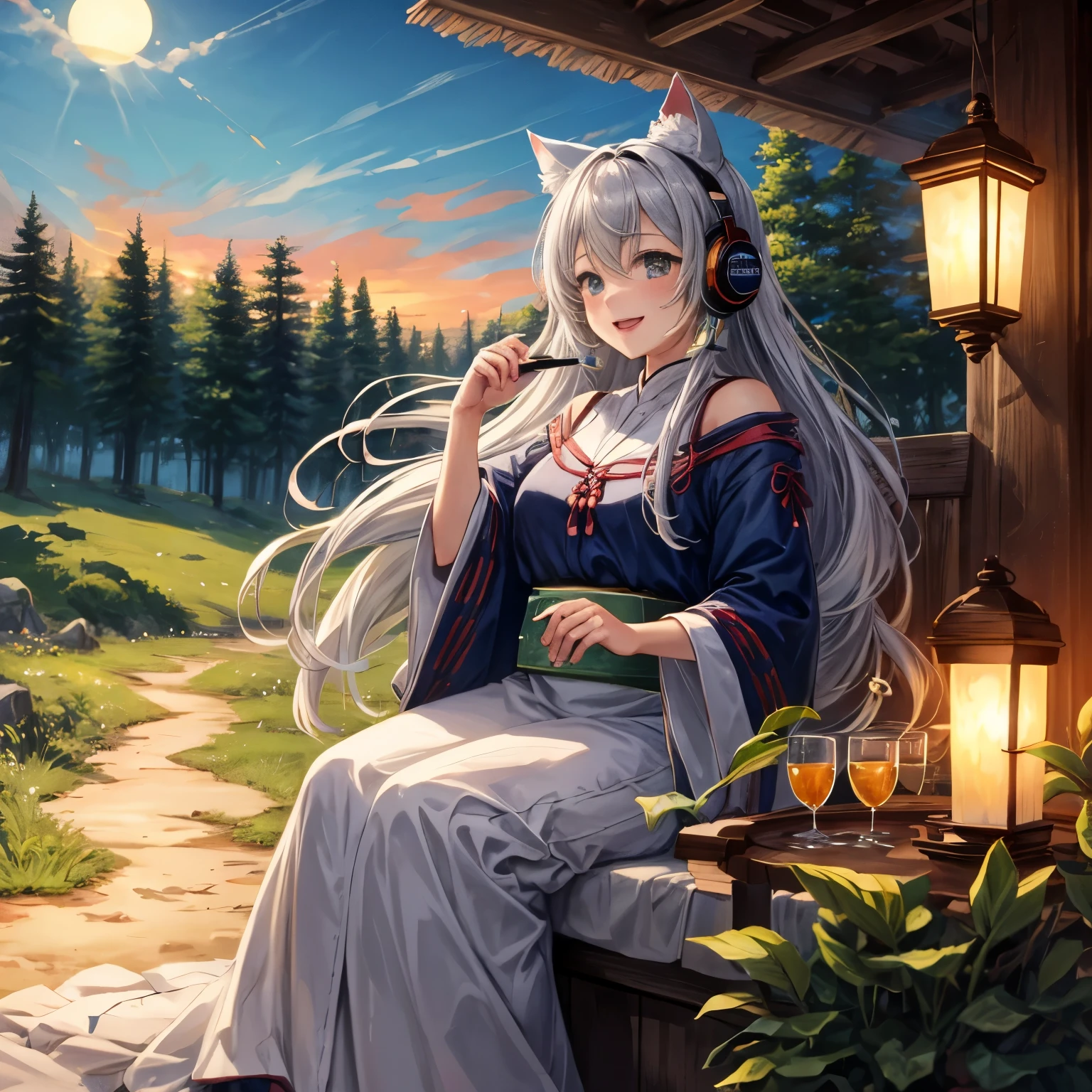 masterpiece, highest quality, movie stills, 1 girl, Cloud Girl, floating in the sky, close, bright, Happy, warm and soft lighting, sunset, (spark:0.7)、Cat ear、headphone、gray hair、 girl、cute、Glamour、good style、laughter、Plump、good style、grassland、in the forest、shrine maiden、fortune teller、