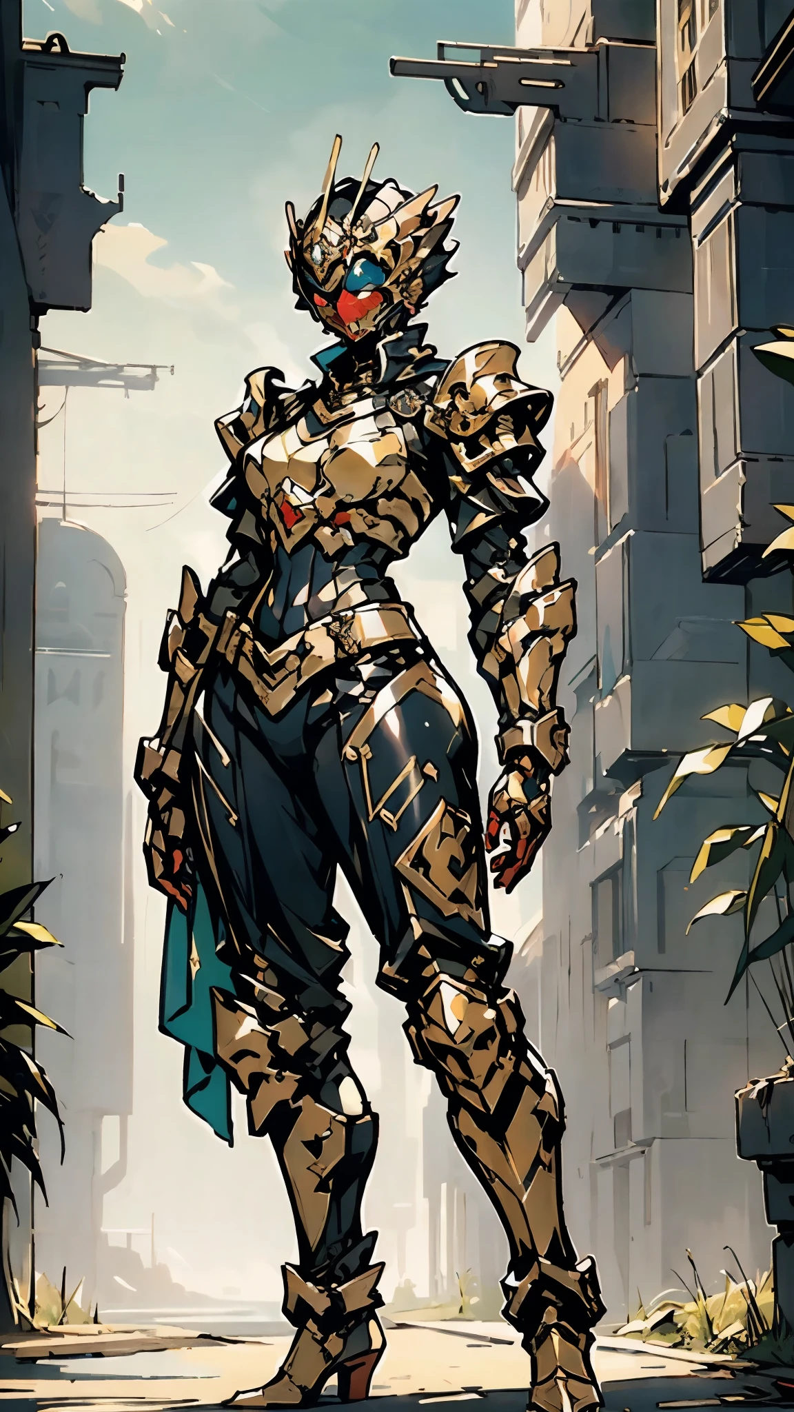 A woman adorned in fantasy-style full-body armor, a crown-concept fully enclosed helmet that unveils only her eyes, a composite layered chest plate, fully encompassing shoulder and hand guards, a lightweight waist armor, form-fitting shin guards, the overall design is heavy-duty yet flexible, (the armor gleams with a golden glow, complemented by red and blue accents), exhibiting a noble aura, she floats above a fantasy-surreal high-tech city, this character embodies a finely crafted fantasy-surreal style armored hero in anime style, exquisite and mature manga art style, (mixture of Queen bee and Spider concept Armor, plasma), ((Element, elegant, goddess, femminine:1.5)), metallic, high definition, best quality, highres, ultra-detailed, ultra-fine painting, extremely delicate, professional, anatomically correct, symmetrical face, extremely detailed eyes and face, high quality eyes, creativity, RAW photo, UHD, 32k, Natural light, cinematic lighting, masterpiece-anatomy-perfect, masterpiece:1.5