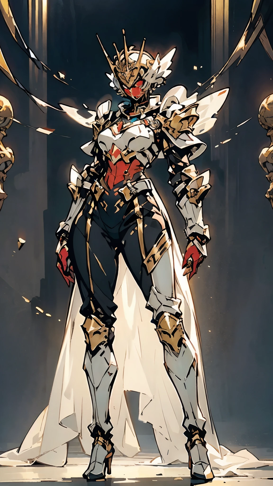 A woman adorned in fantasy-style full-body armor, a crown-concept fully enclosed helmet that unveils only her eyes, a composite layered chest plate, fully encompassing shoulder and hand guards, a lightweight waist armor, form-fitting shin guards, the overall design is heavy-duty yet flexible, (the armor gleams with a golden glow, complemented by red and blue accents), exhibiting a noble aura, she floats above a fantasy-surreal high-tech city, this character embodies a finely crafted fantasy-surreal style armored hero in anime style, exquisite and mature manga art style, (mixture of Queen bee and Spider concept Armor, plasma), ((Element, elegant, goddess, femminine:1.5)), metallic, high definition, best quality, highres, ultra-detailed, ultra-fine painting, extremely delicate, professional, anatomically correct, symmetrical face, extremely detailed eyes and face, high quality eyes, creativity, RAW photo, UHD, 32k, Natural light, cinematic lighting, masterpiece-anatomy-perfect, masterpiece:1.5