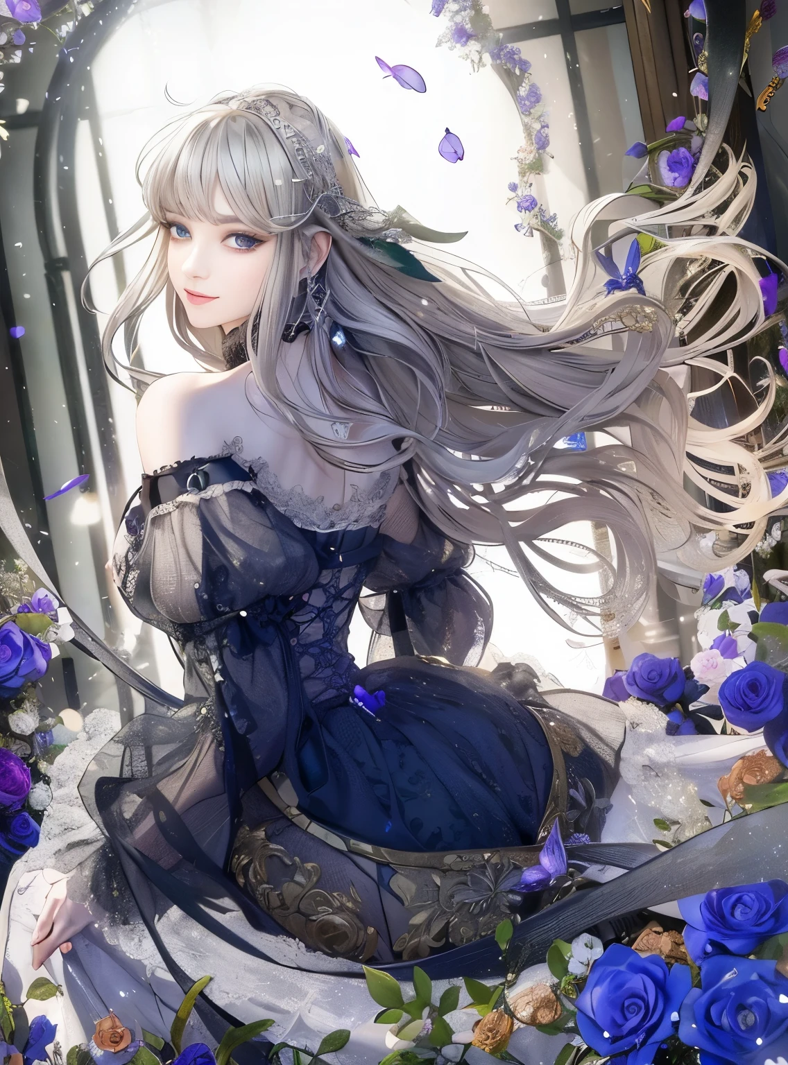 (Masterpiece) 8K resolution, Immortal Queen, Beautiful boy blooms, Green long hair, browneyes, Gray-gray eyes, Smile, Fantasy style,